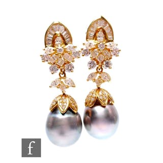 A pair of 18ct South Sea cultured pearl and diamond set drop...