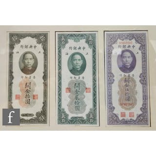 A framed group of three Chinese 10, 20 and 50 custom gold un...