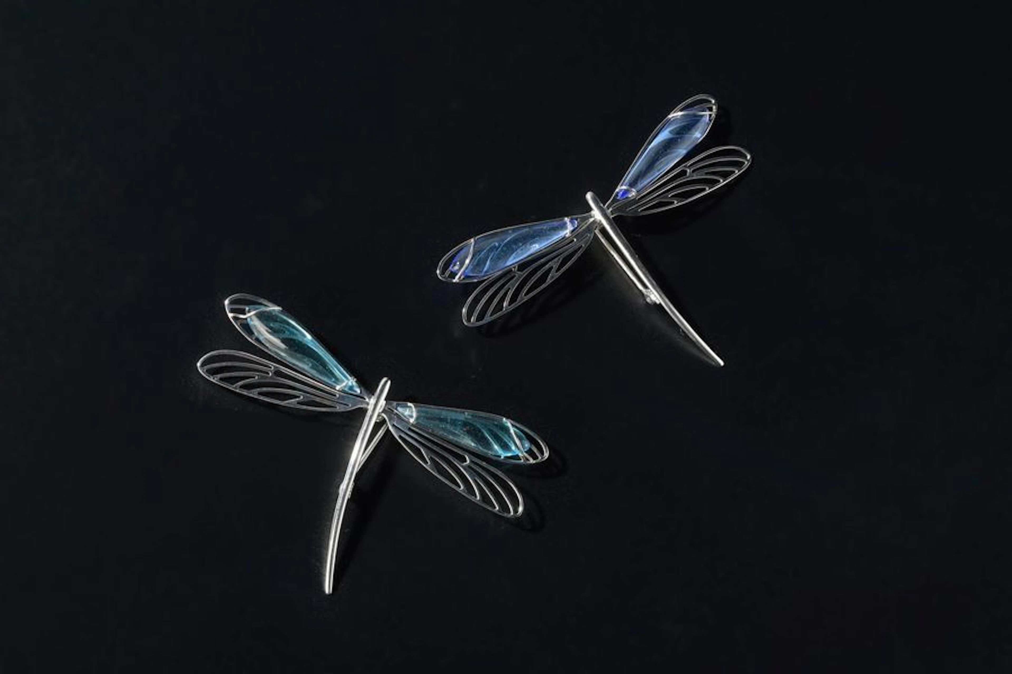 Deux broches libellule en argent et verre…