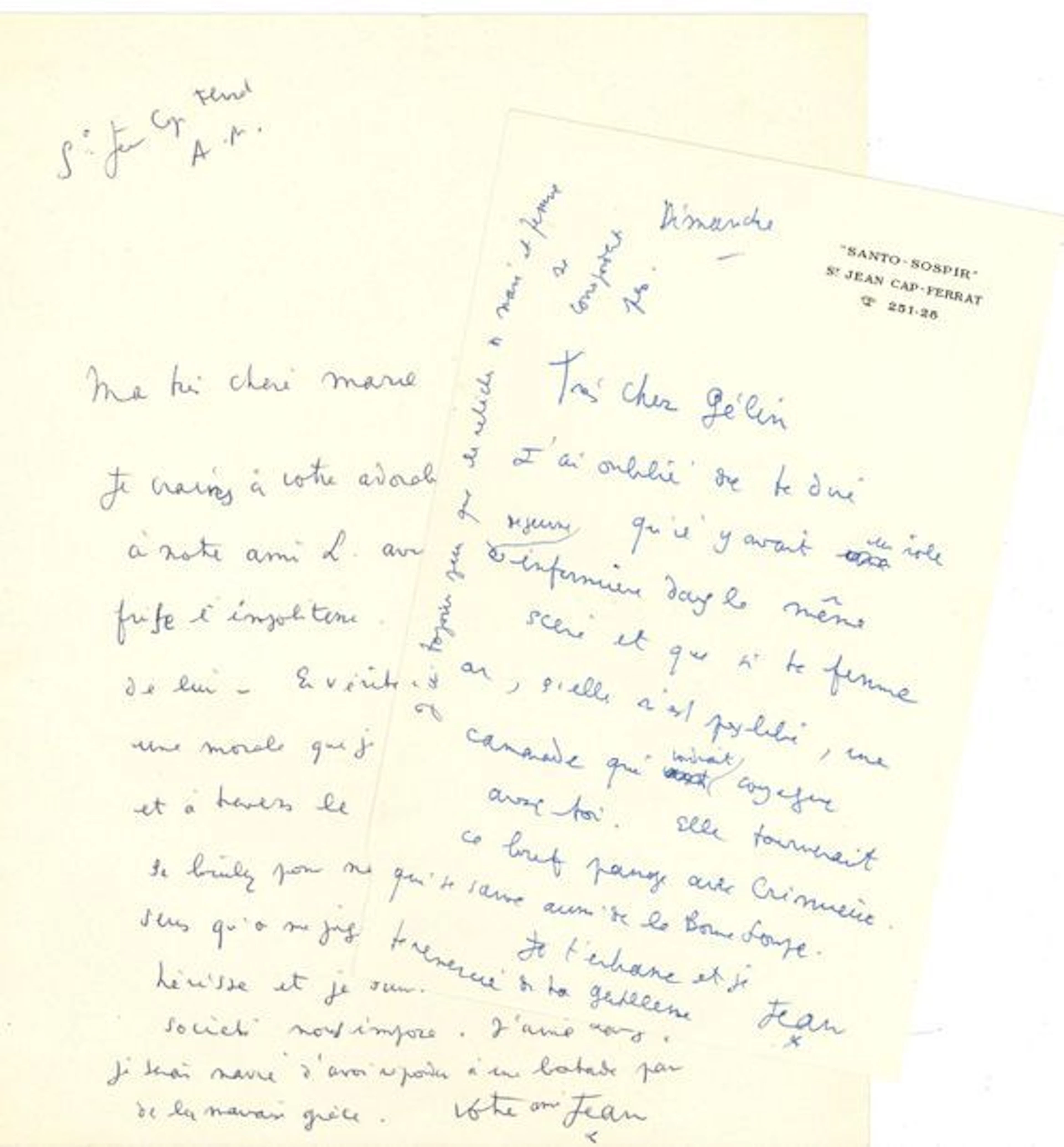 *Jean COCTEAU. 2 L.A.S. « Jean », Saint-Jean-Cap-Ferrat...