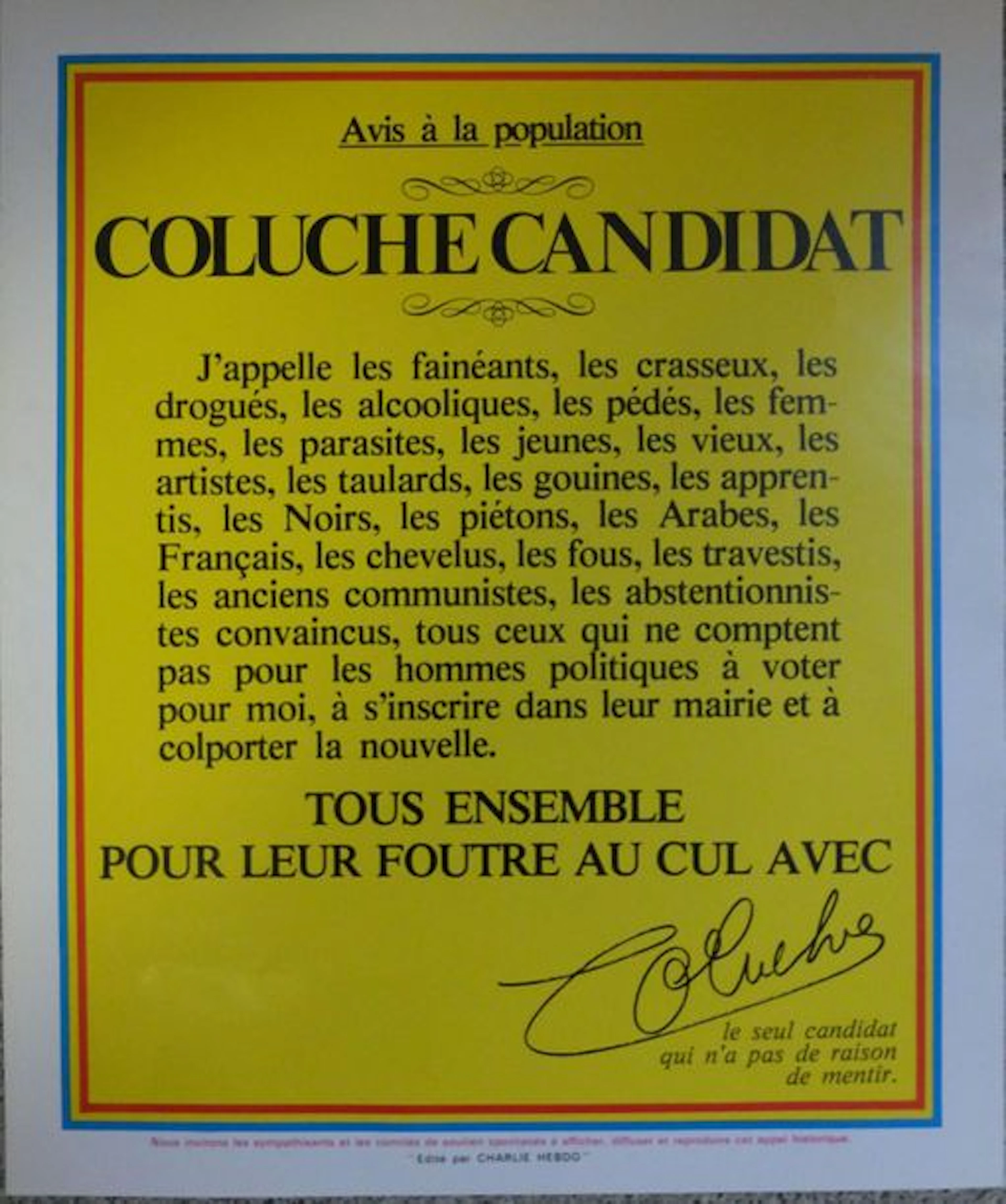 [AFFICHE]. Avis à la population - Coluche…