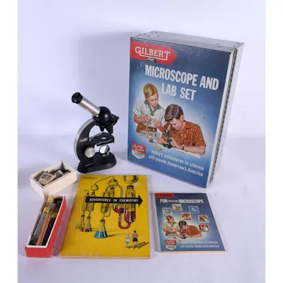 A CHARMING CASED GILBERT MICROSCOPE AND LAB SET. 36 cm x 24 ... | Barnebys