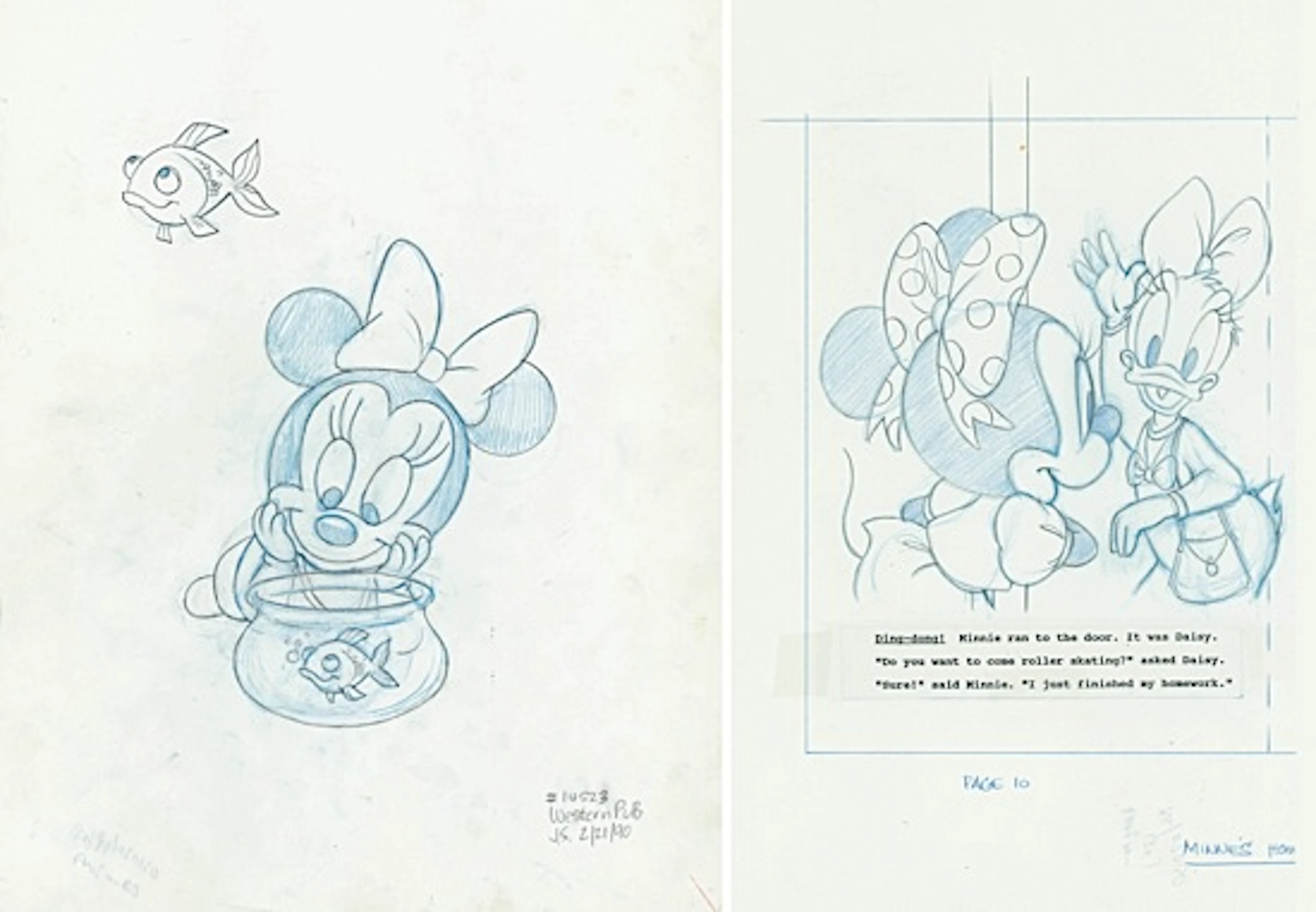 WALT DISNEY MINNIE 2 crayonnés (mine de plomb et crayon de couleur