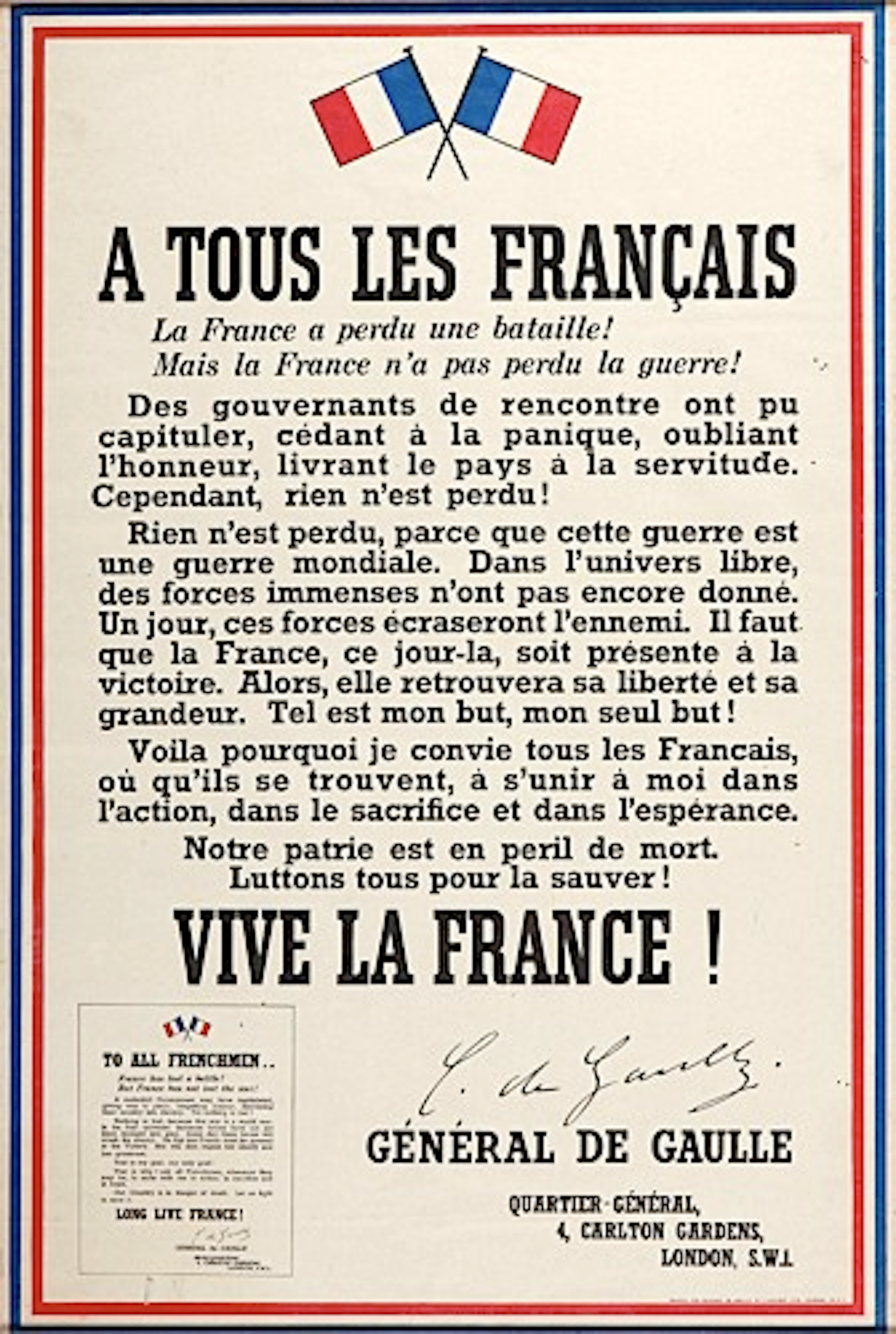 AFFICHE DE LAPPEL DU 18 JUIN 1940 Affiche originale. Éditeur : Weiner