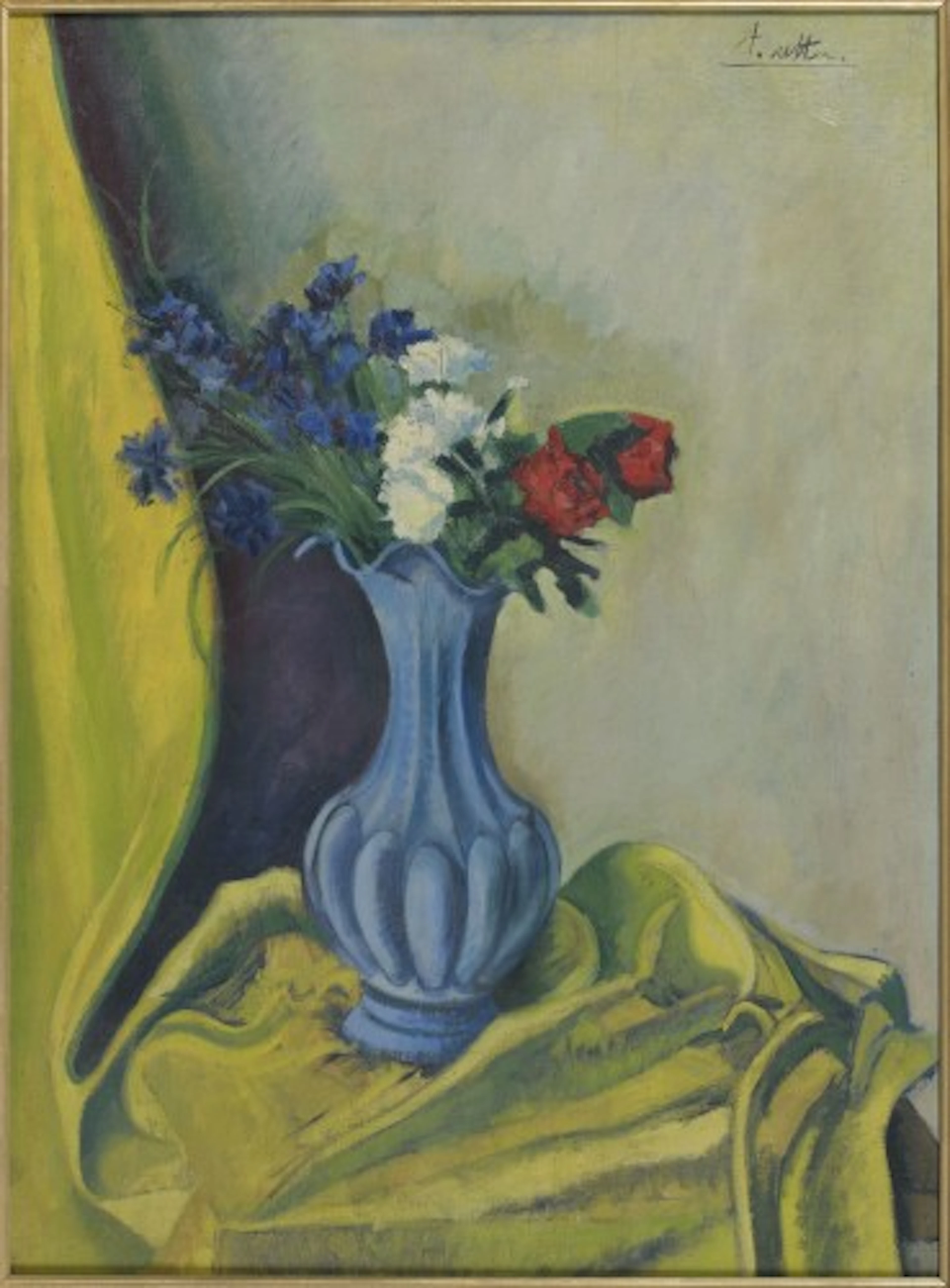 André UTTER (1886-1948) VASE DE FLEURS AU RIDEAU JAUNE Huile sur toile