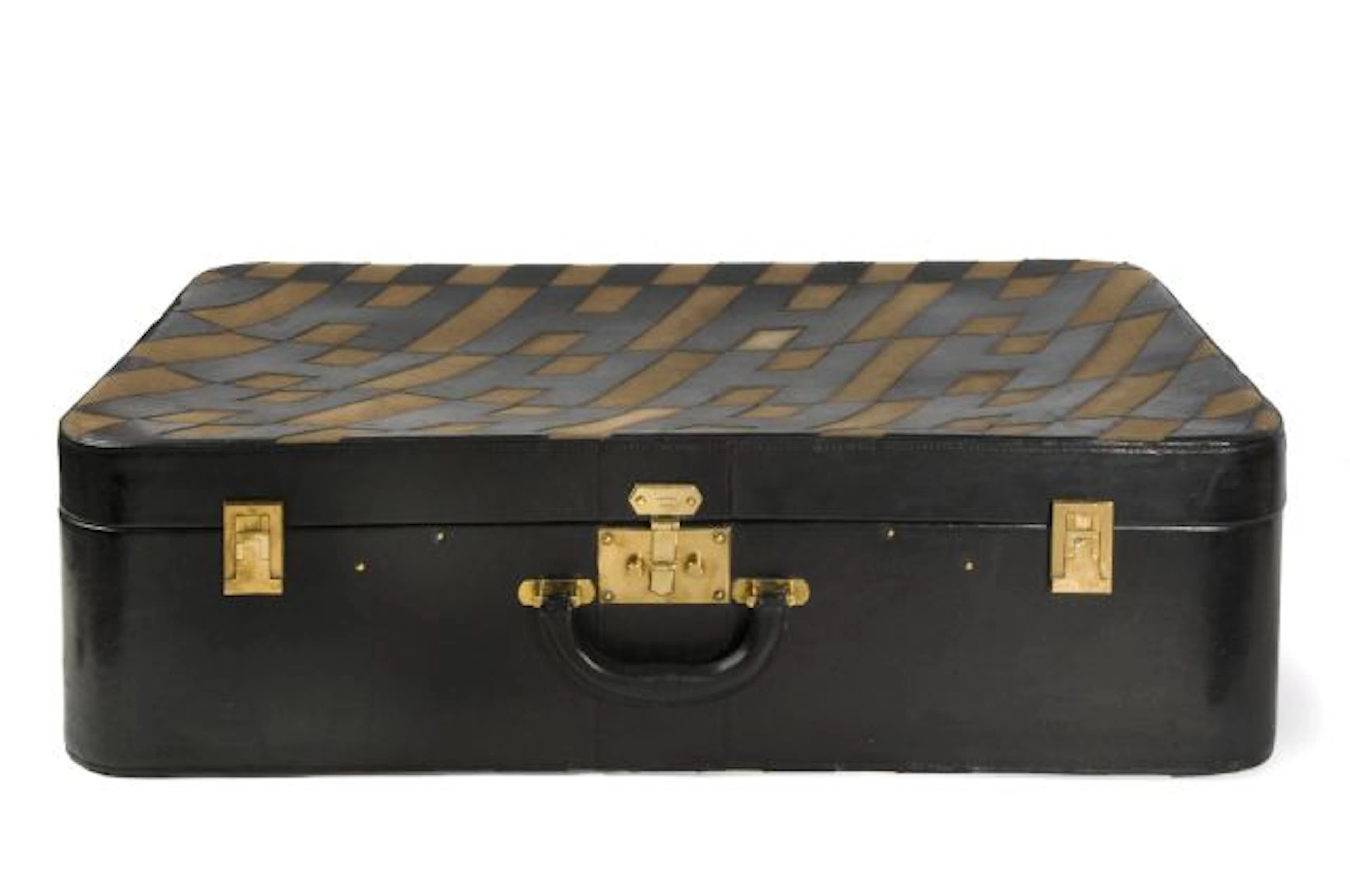 HERMES Paris Malle en veau grainé noir et toile militaire marron
