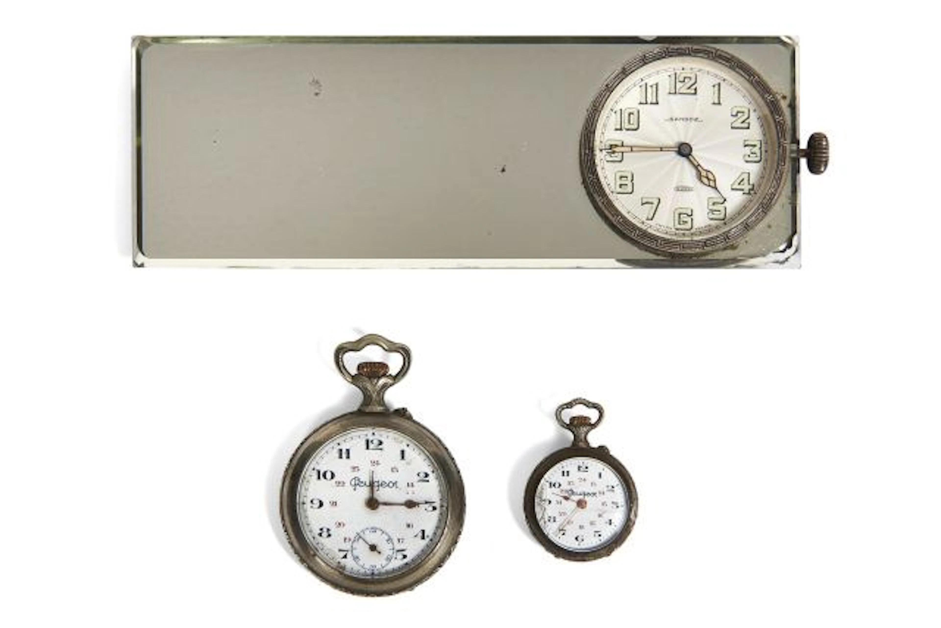 PEUGEOT ET SANDOZ Deux montres de poche et une montre de bord