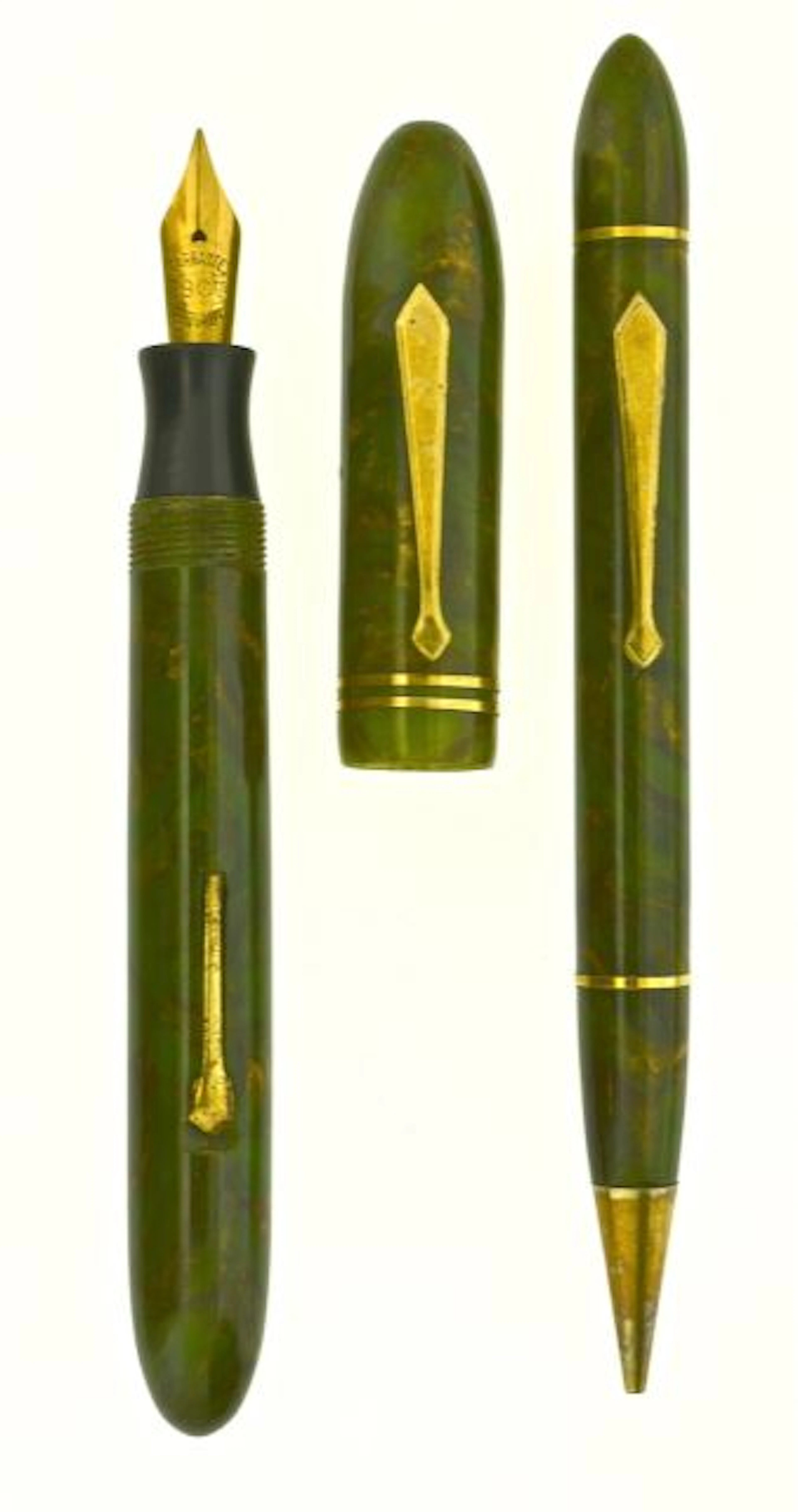 ARMOR Parure plume + mine des années trente. Celluloïd vert et bronze