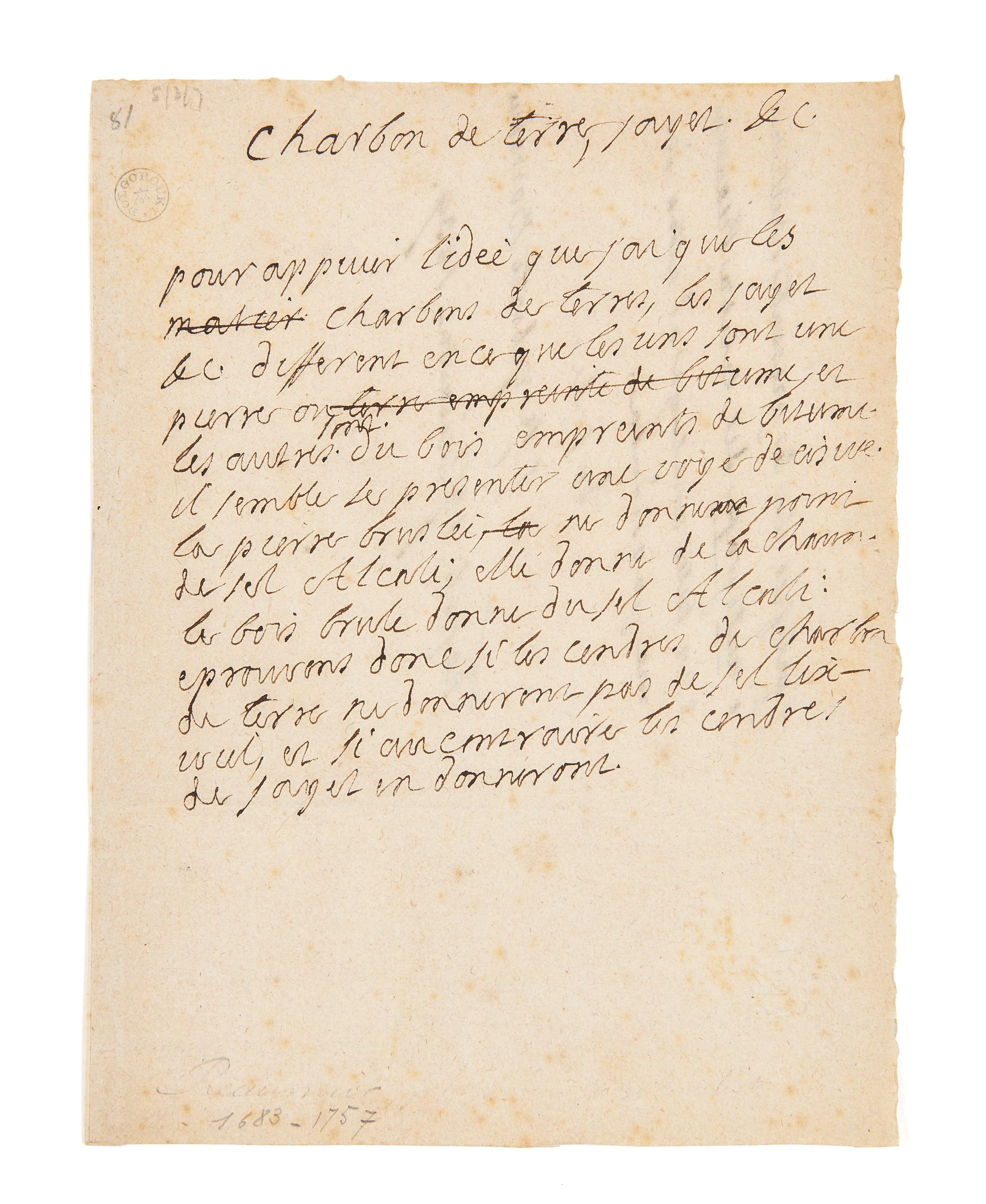 [RENÉ-ANTOINE DE FERCHAULT DE REAUMUR] (1683-1757) « Charbon de terre
