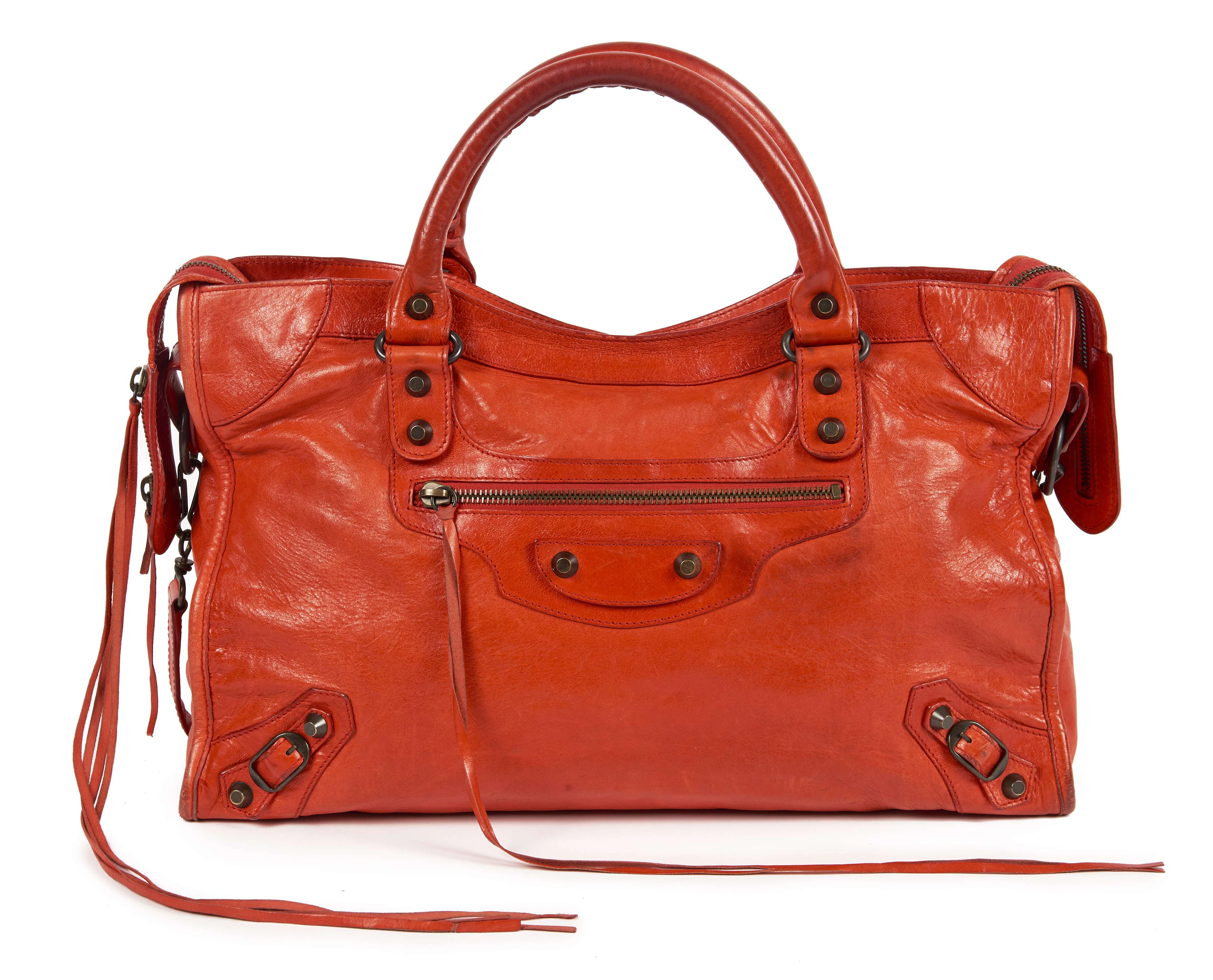 BALENCIAGA SAC "City" en cuir vieilli tangerine