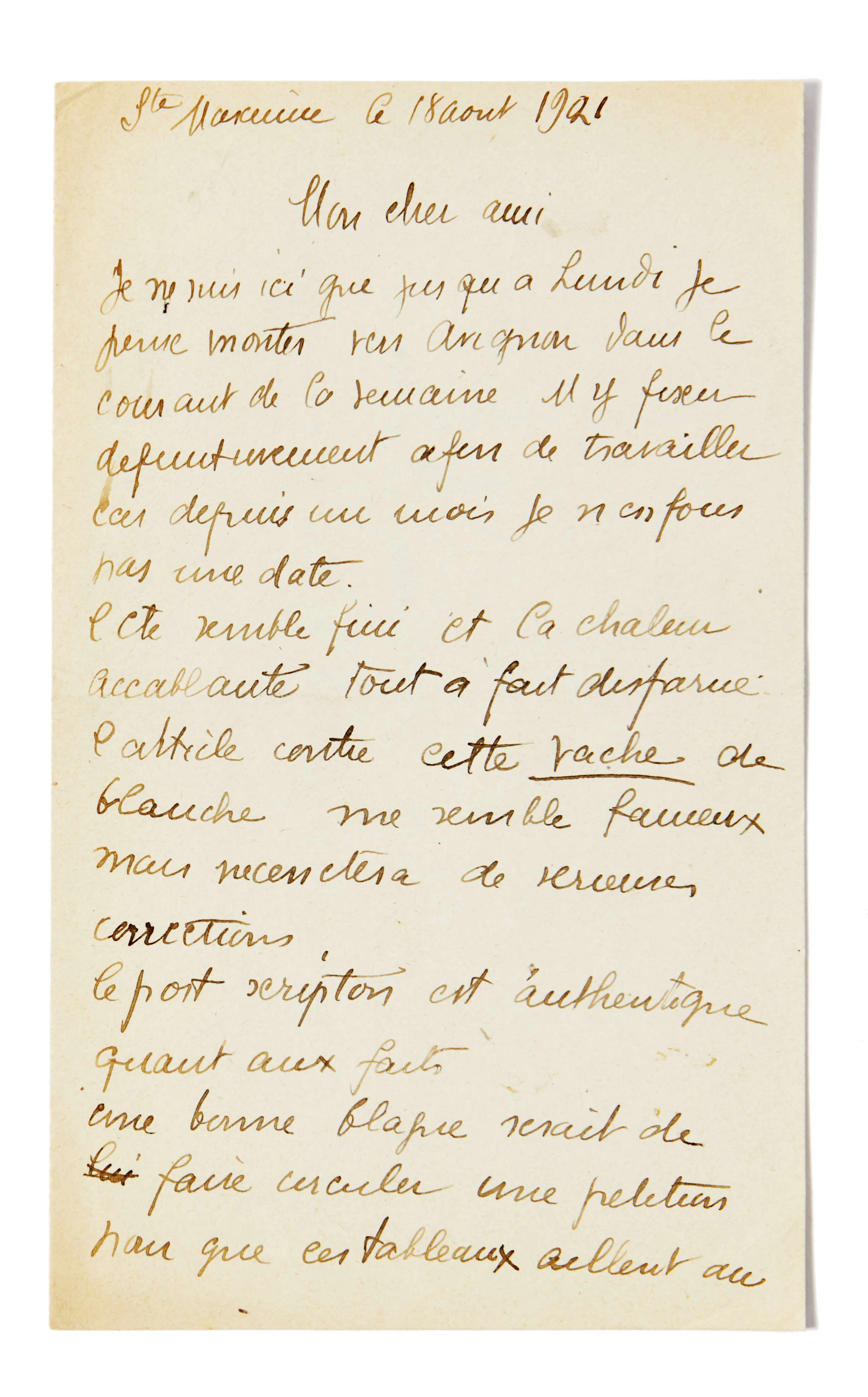 ANDRE DERAIN (1880-1954) Lettre autographe signée