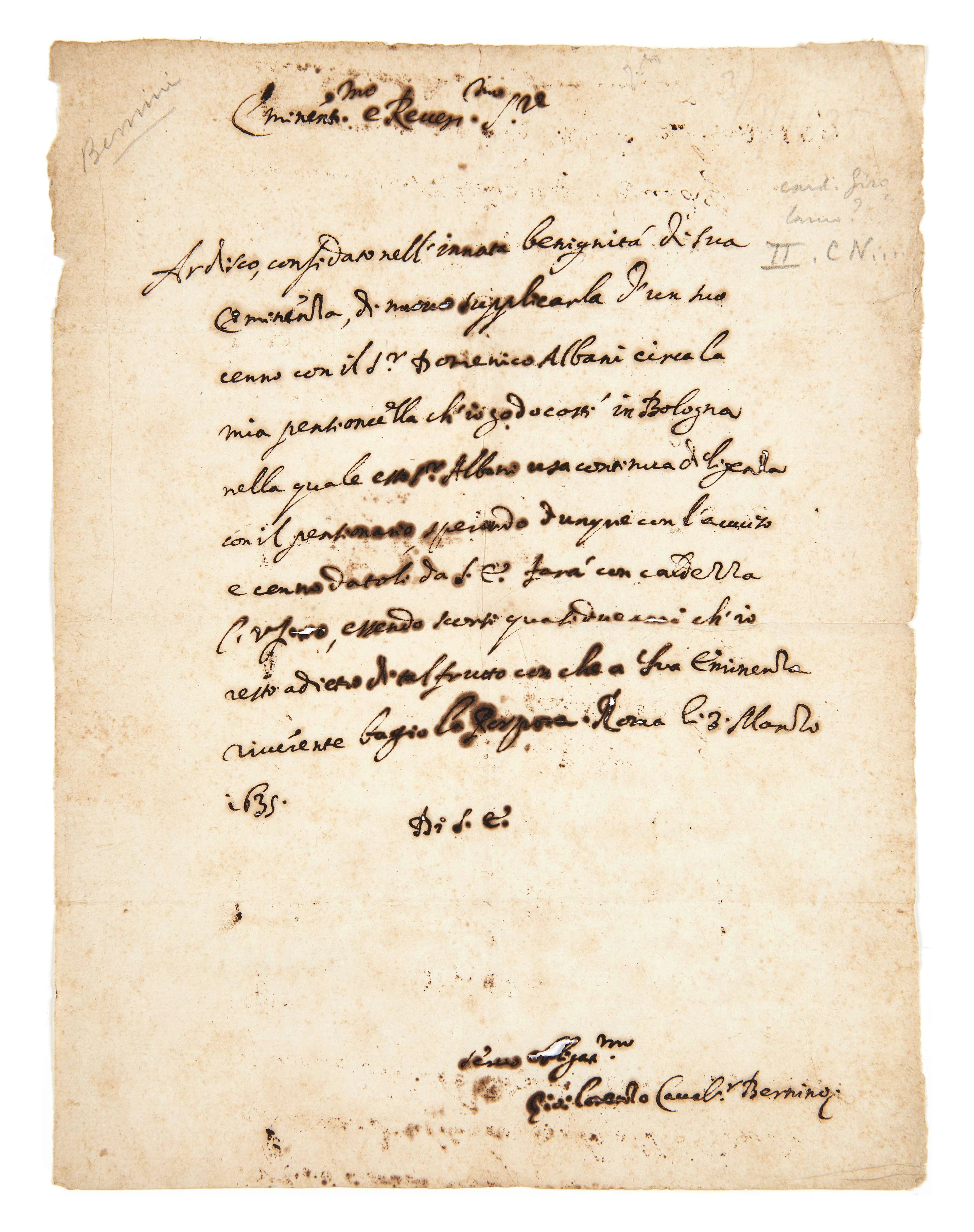 GIAN LORENZO BERNINI, DIT LE BERNIN (1598-1680) Lettre autographe signée