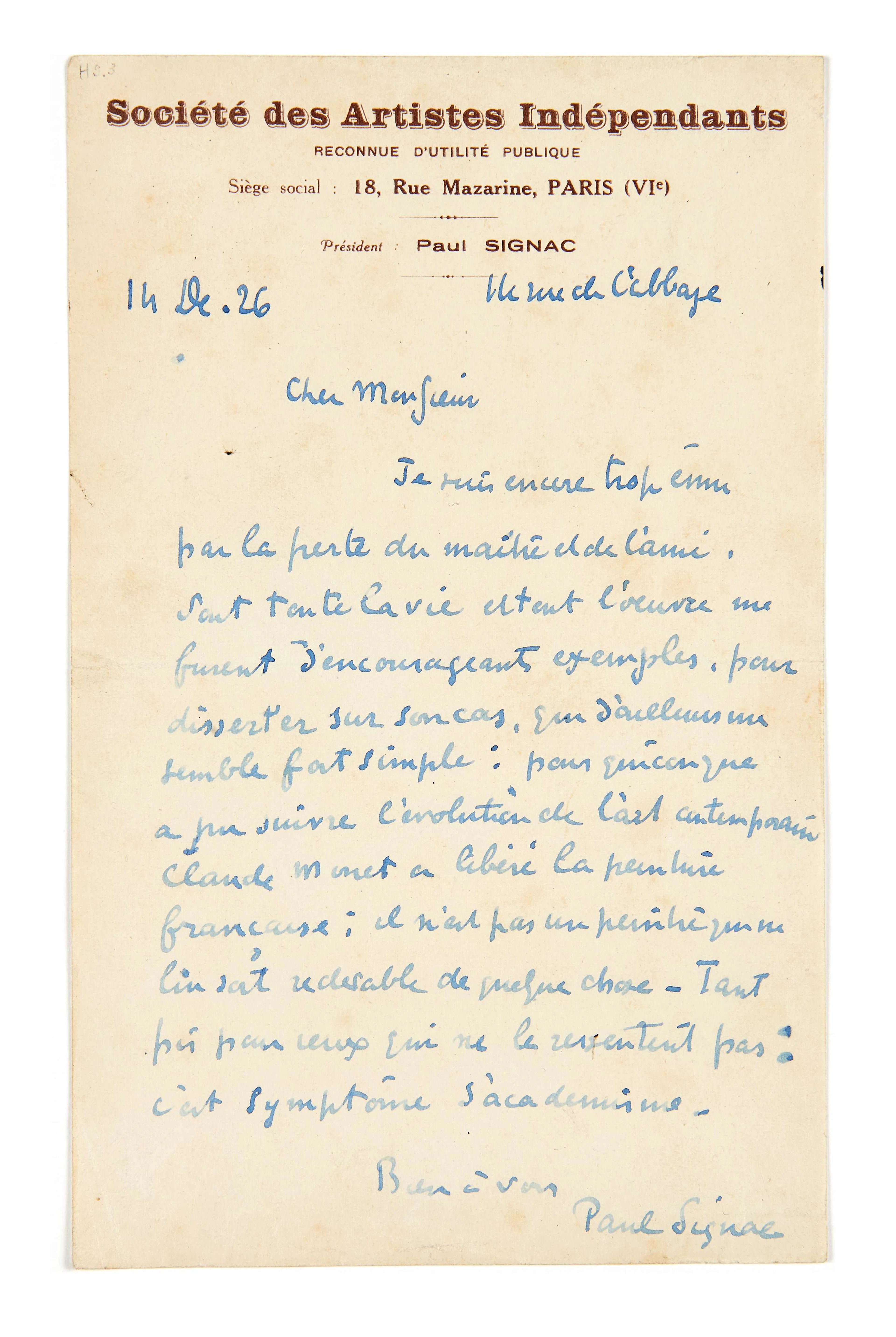 PAUL SIGNAC (1863-1935) Lettre autographe signée