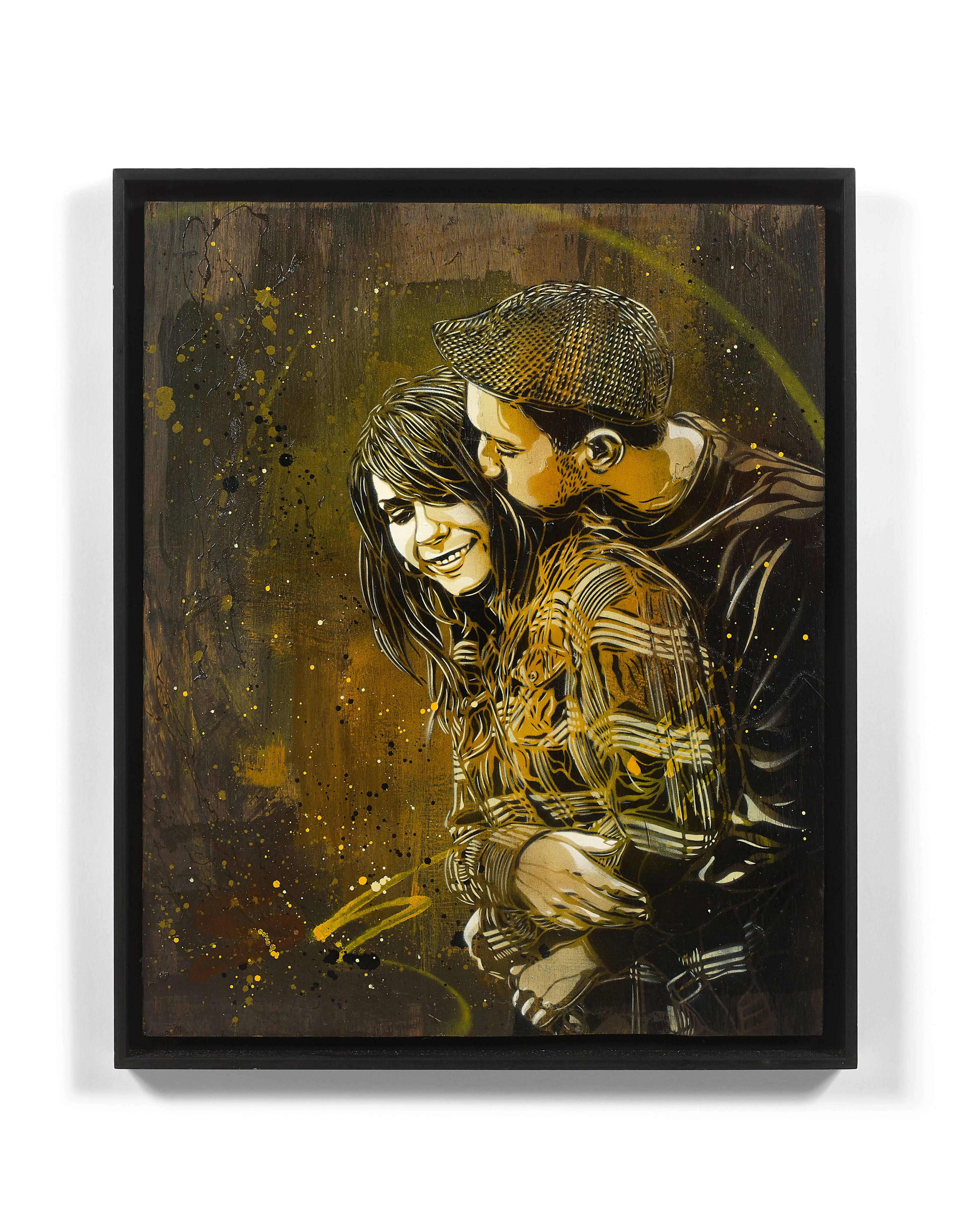 C215 (Français - Né en 1973) Un baiser Pochoir et peinture aérosol sur bois
