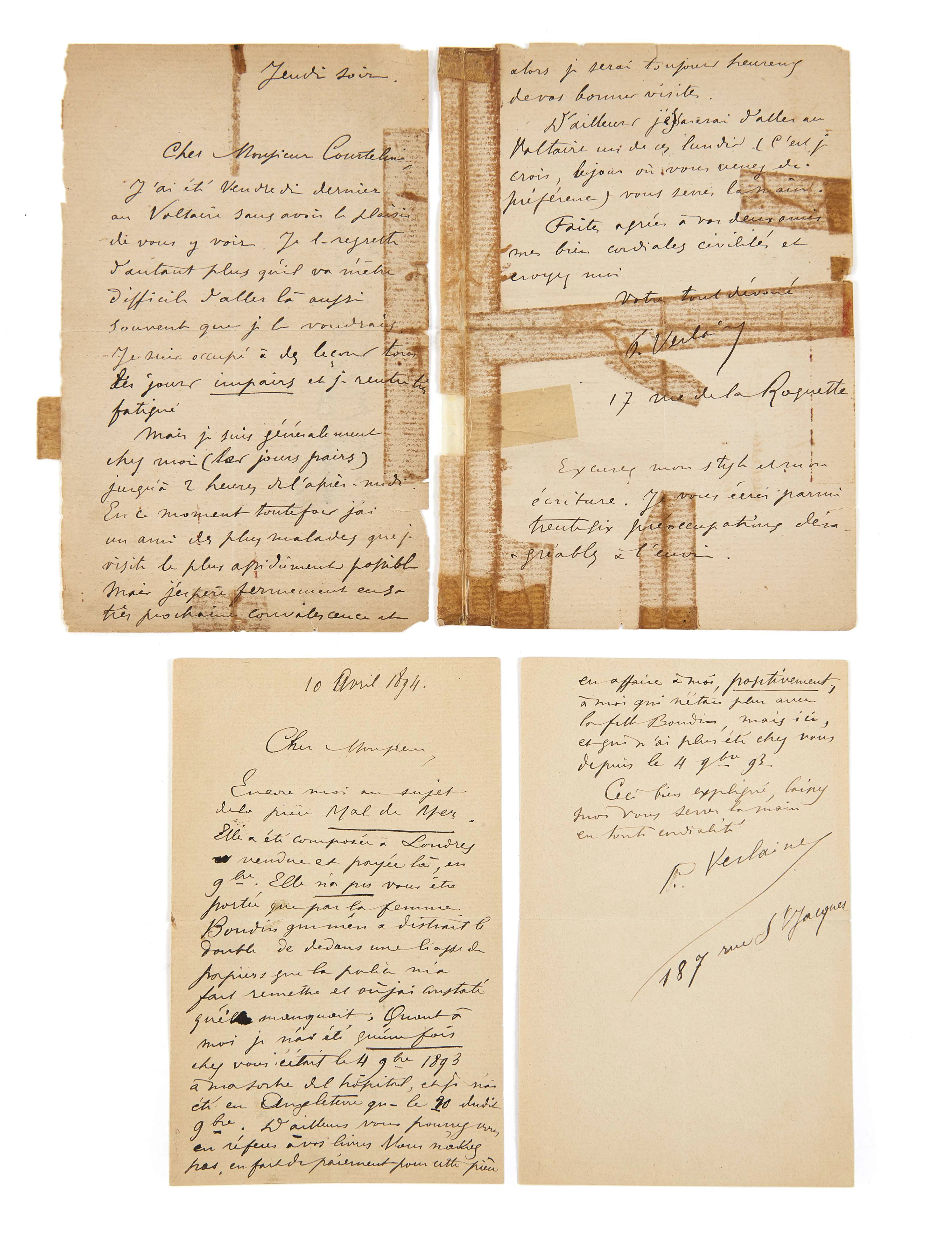 VERLAINE, Paul (1844-1896) Réunion de 2 lettres autographes signées
