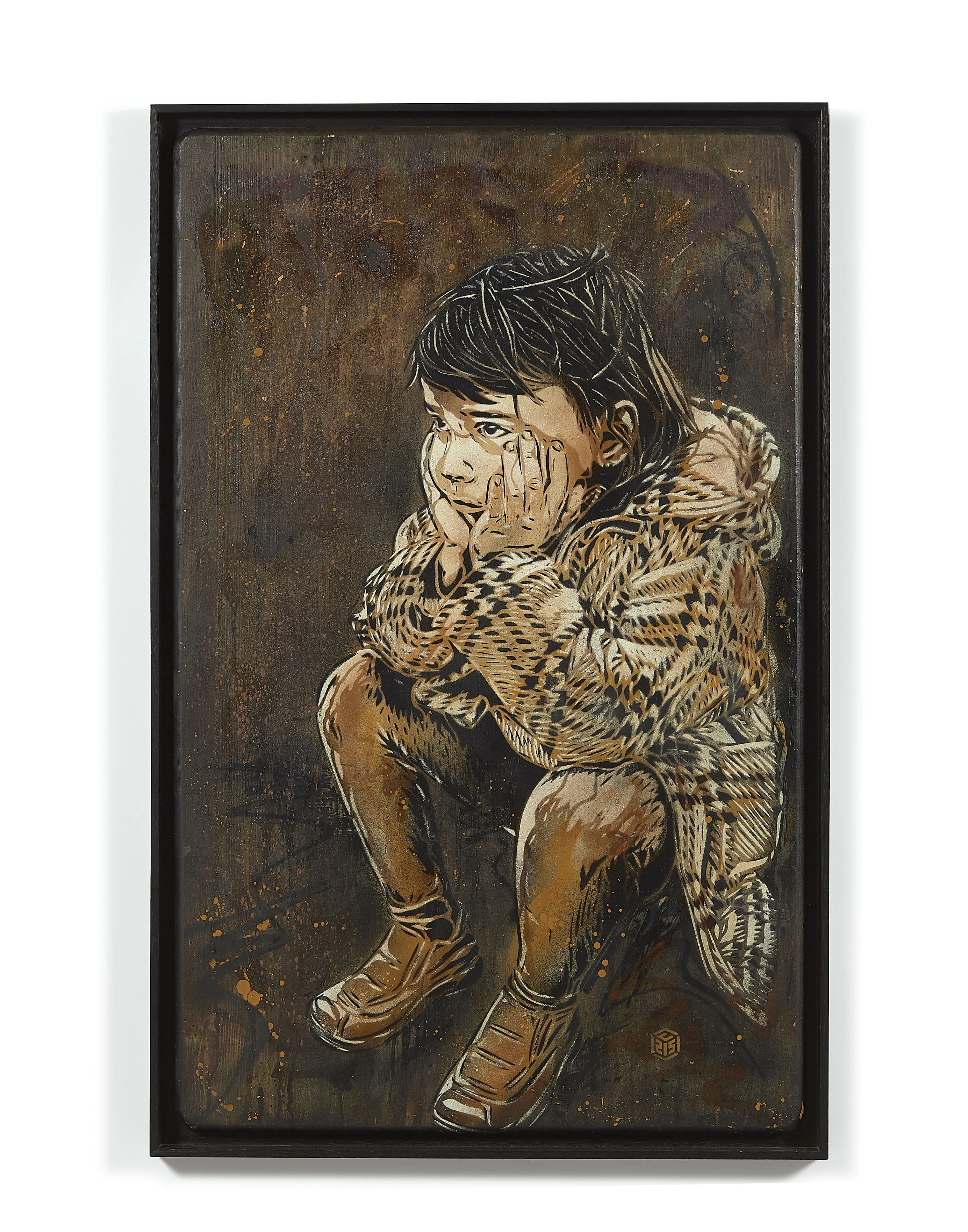 C215 (Français - Né en 1973) Nina Pochoir et peinture aérosol sur bois