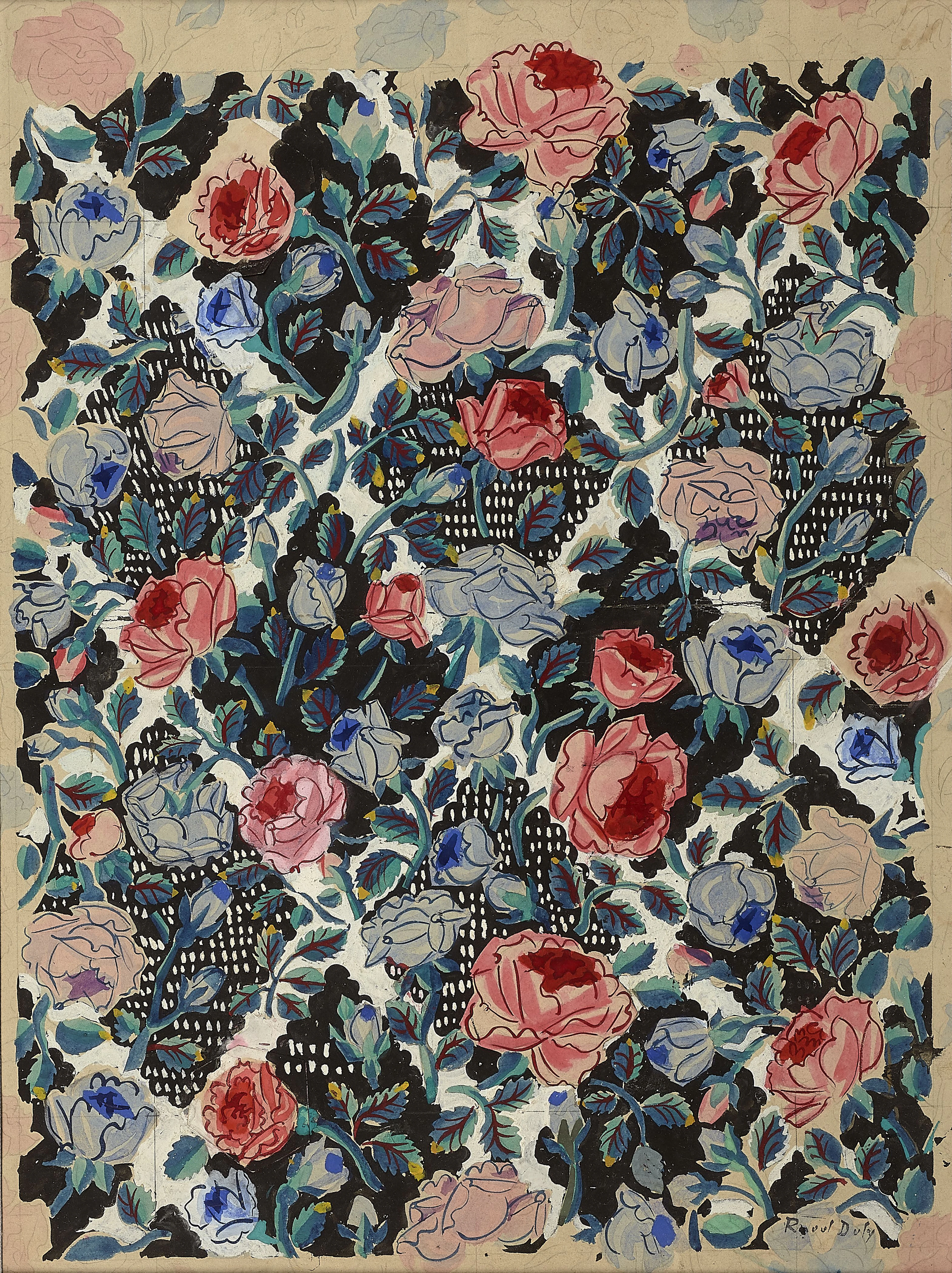 Raoul DUFY 1877 - 1953 Roses sur losanges noirs - 1925 Aquarelle