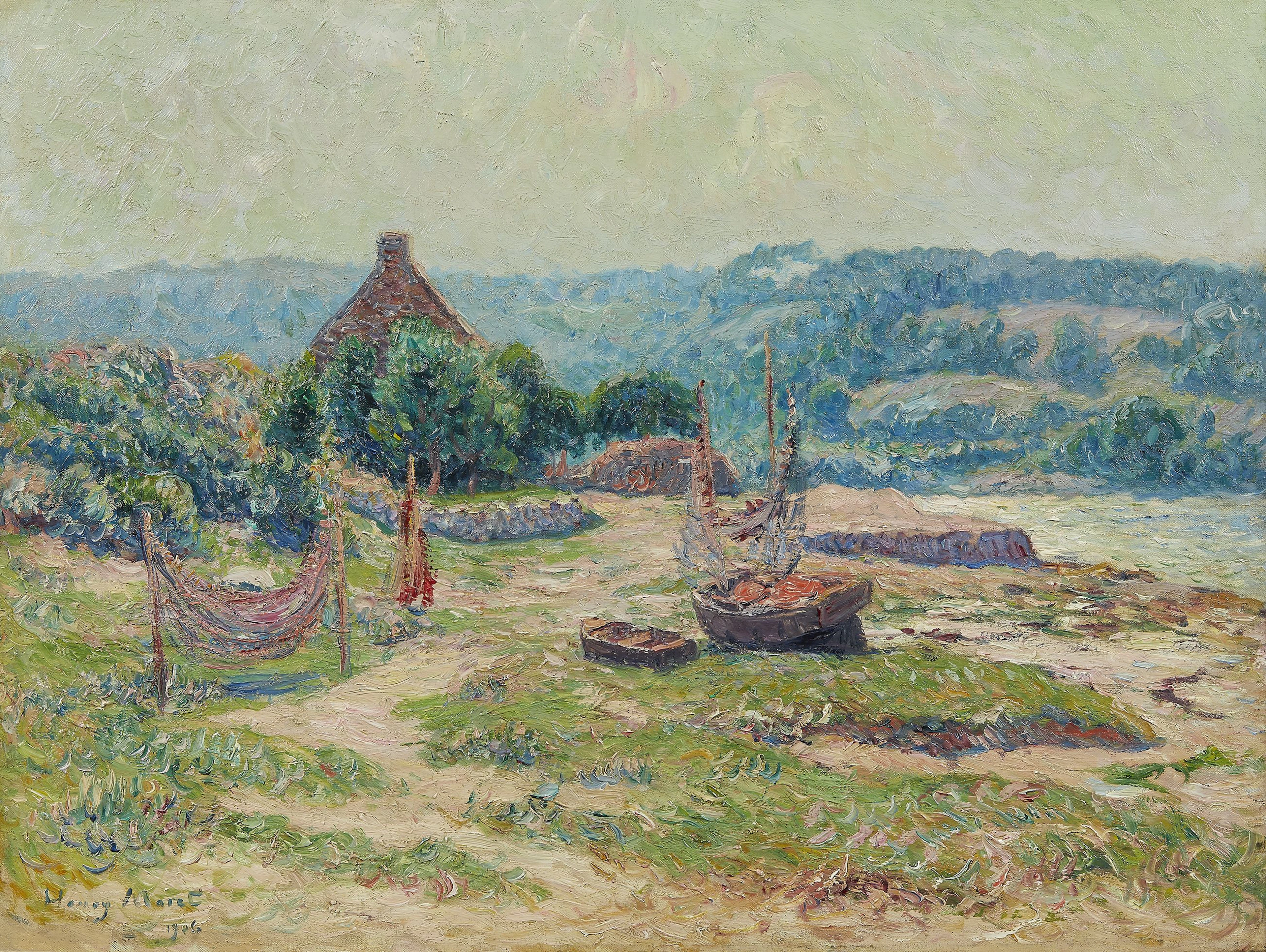 Henry MORET 1856 - 1913 Le Guilly, port de pêche - 1904 Huile sur toile