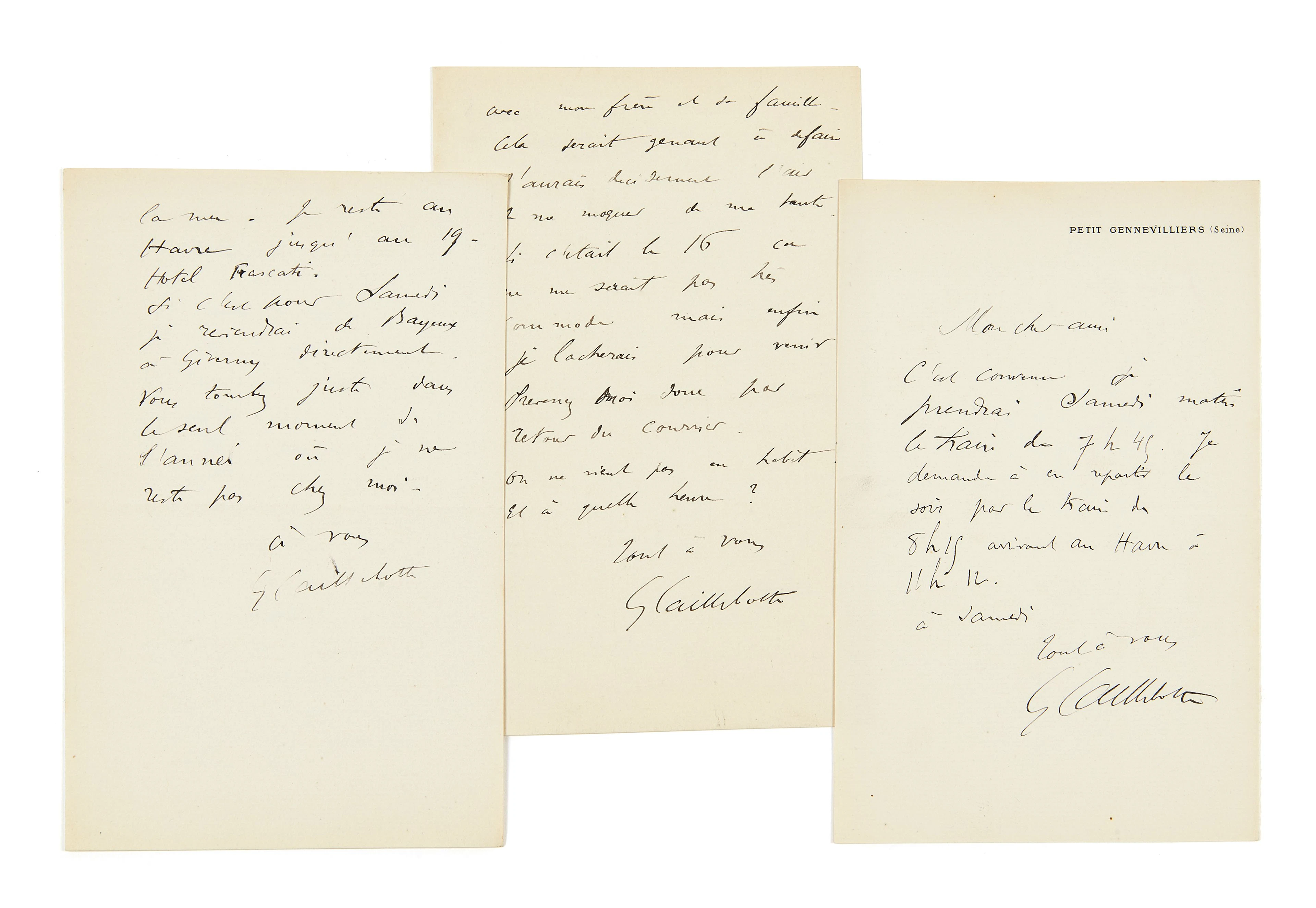 CAILLEBOTTE (Gustave) Réunion de 3 lettres autographes signées à Claude Monet.