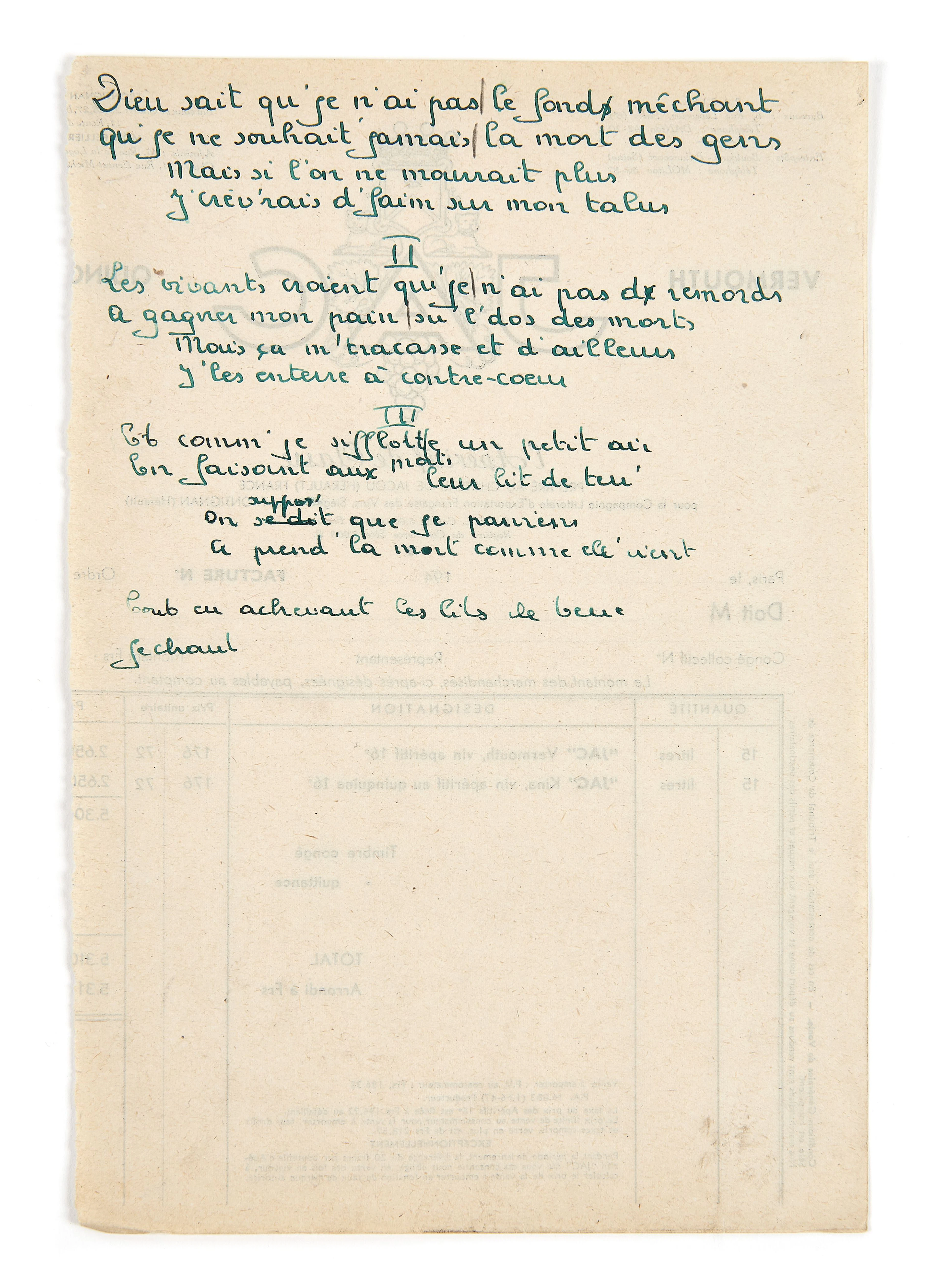 BRASSENS (Georges) Manuscrit autographe pour la chanson Le Fossoyeur.