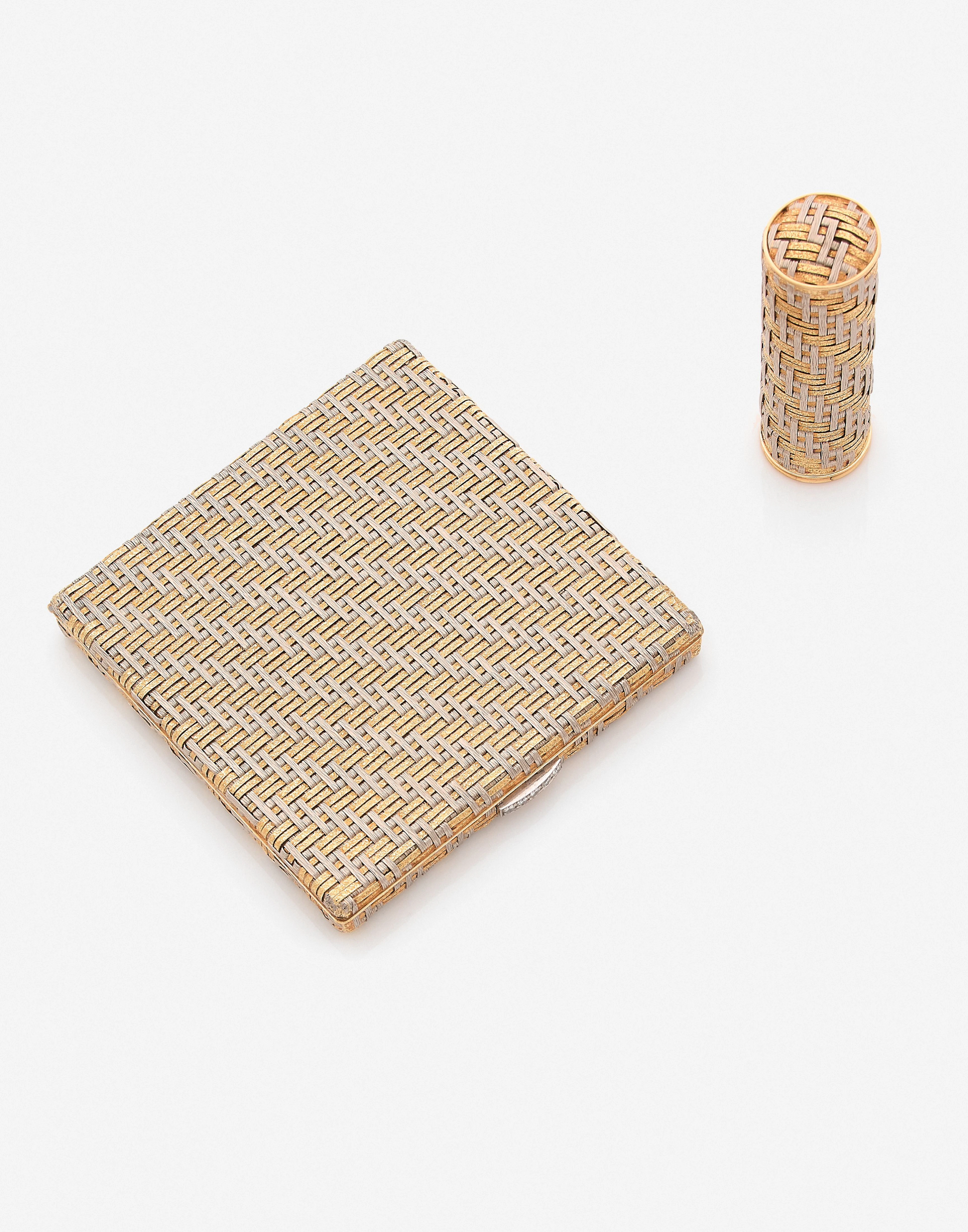 Poudrier et rouge à lèvres Or gris et jaune tressé et...