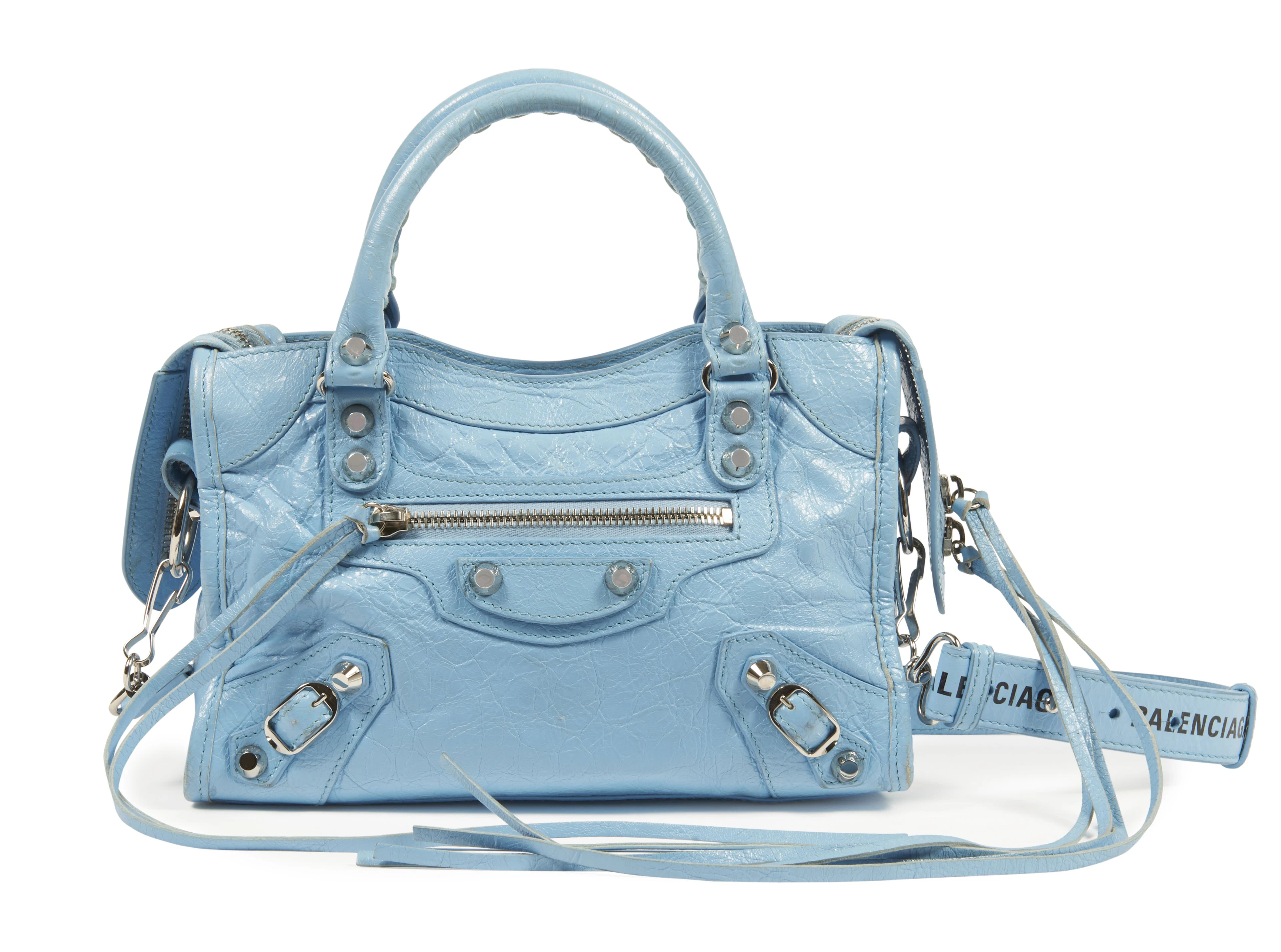 BALENCIAGA SAC "Classic Mini City" en cuir vieilli bleu ciel