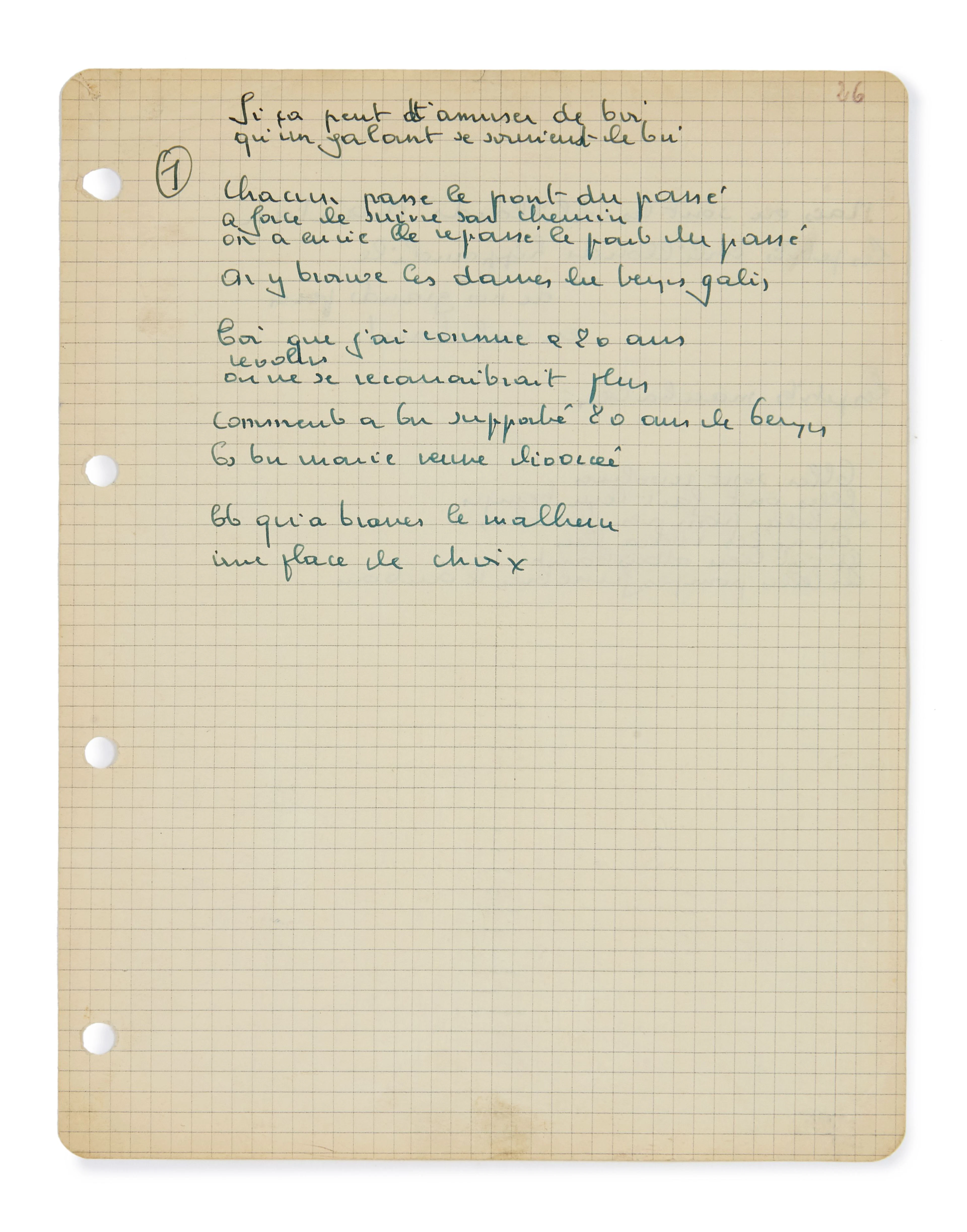 BRASSENS (Georges) Manuscrit autographe pour les Funérailles d'antan.