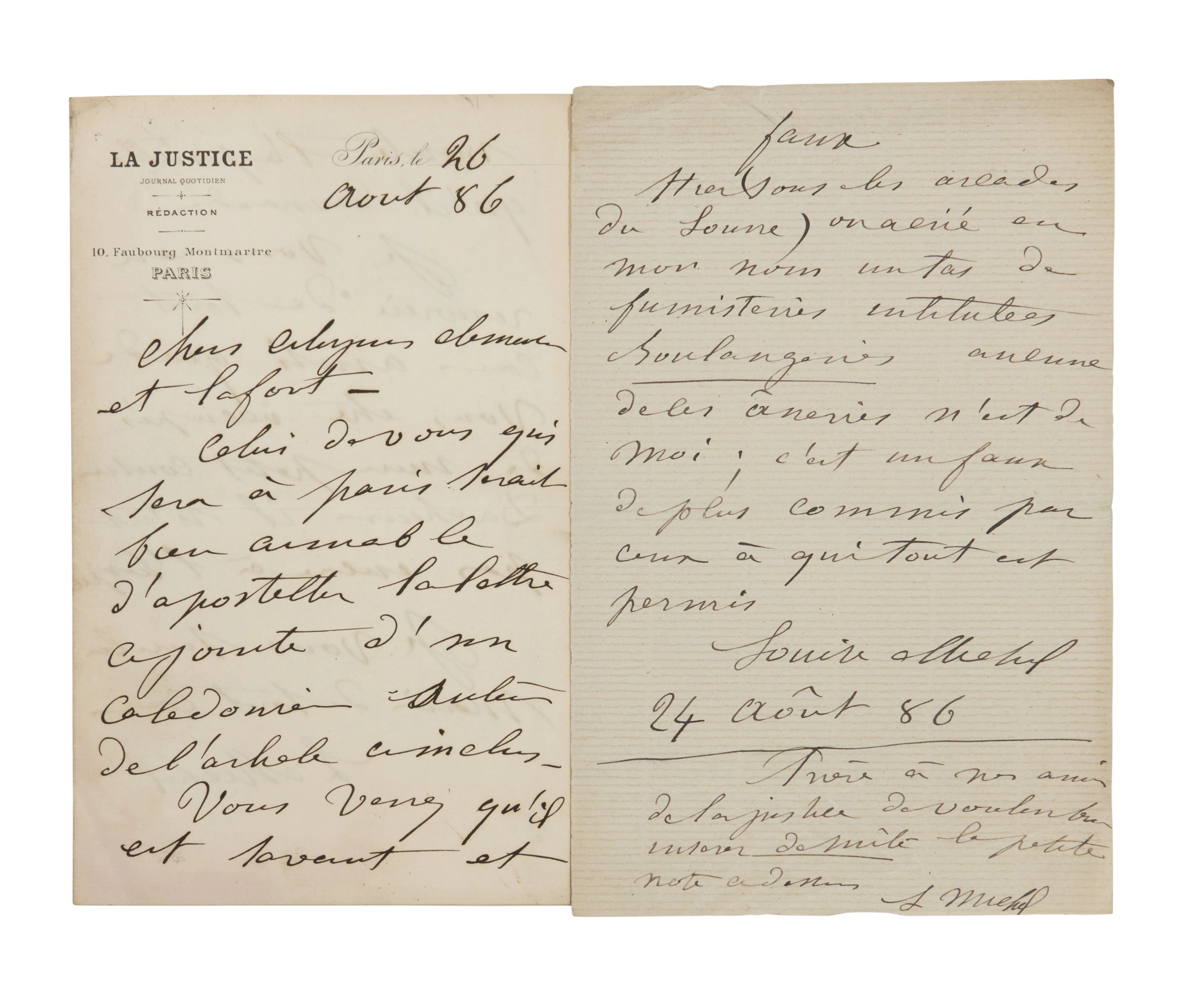 MICHEL (Louise) Lettre autographe signée à Georges Clemenceau et Jean Lafont.