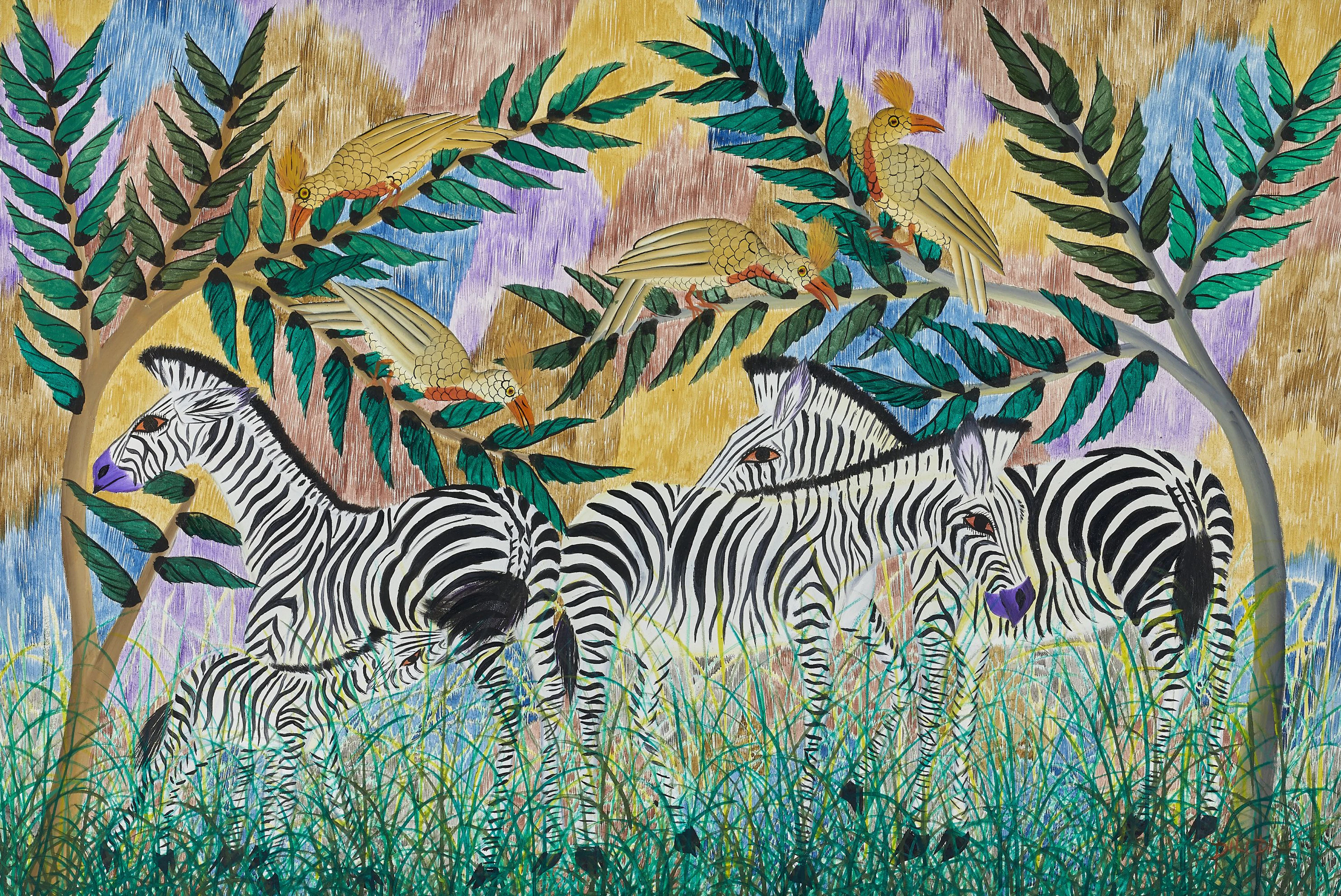 Pilipili MULONGOY 1914-2007 - Congo Sans titre (Zèbres) Huile sur toile