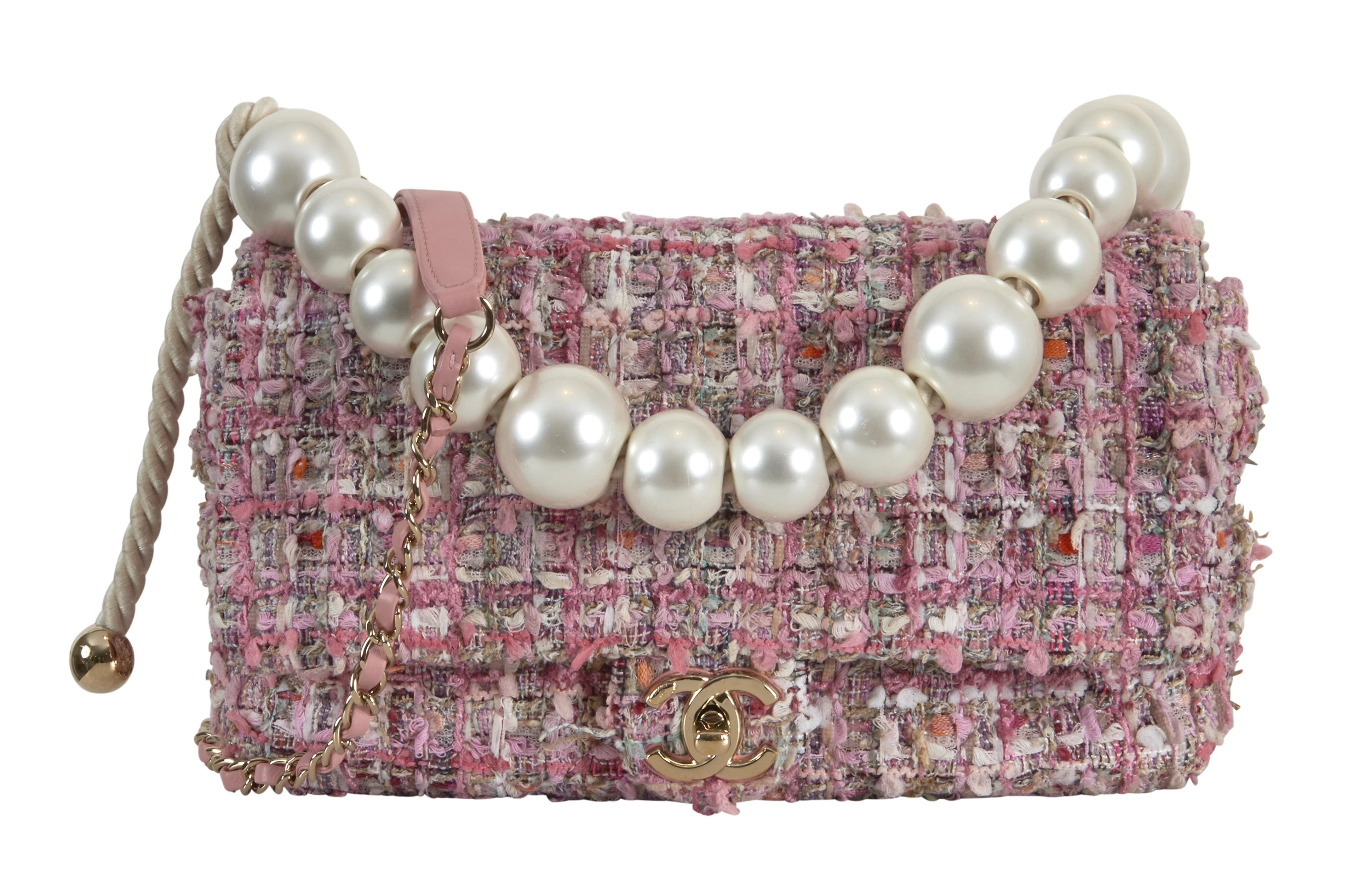 CHANEL Printemps-été 2019 Sac TIMELESS Tweed rose Anse...