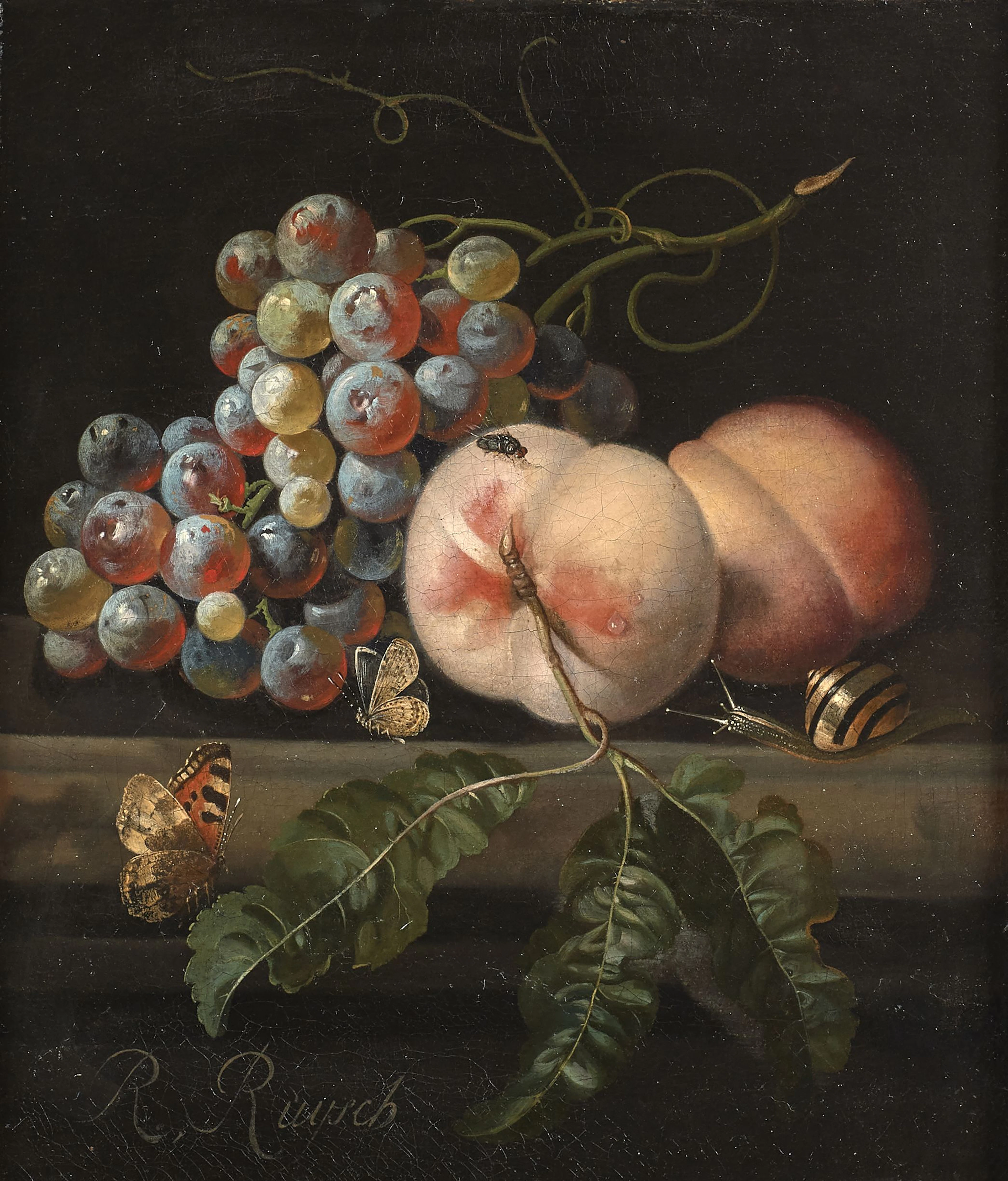 Ecole hollandaise vers 1700 Raisins et pêches sur un entablement Huile sur toile