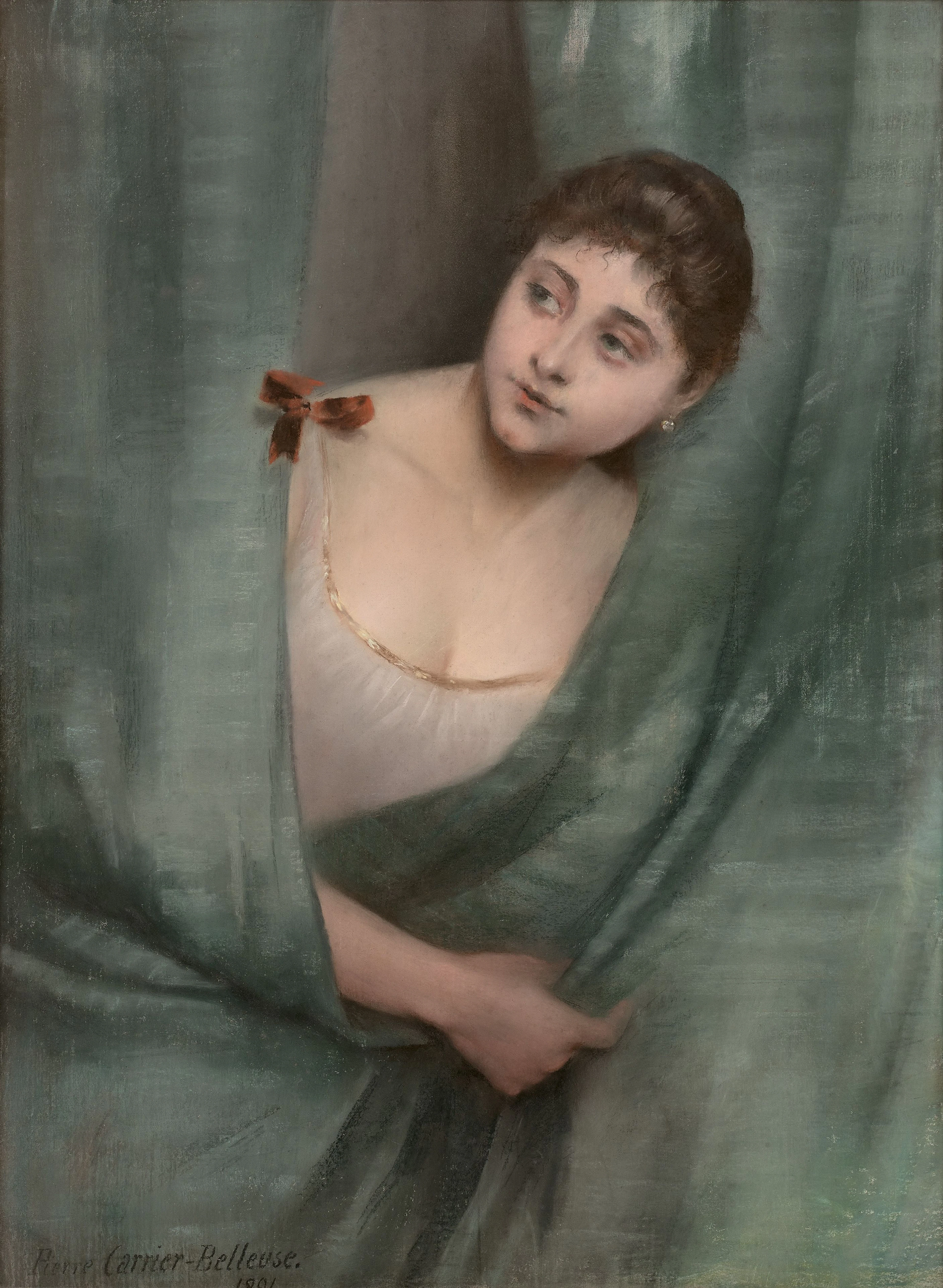 Pierre CARRIER-BELLEUSE Paris, 1851 - 1933 Le rideau Pastel sur toile,