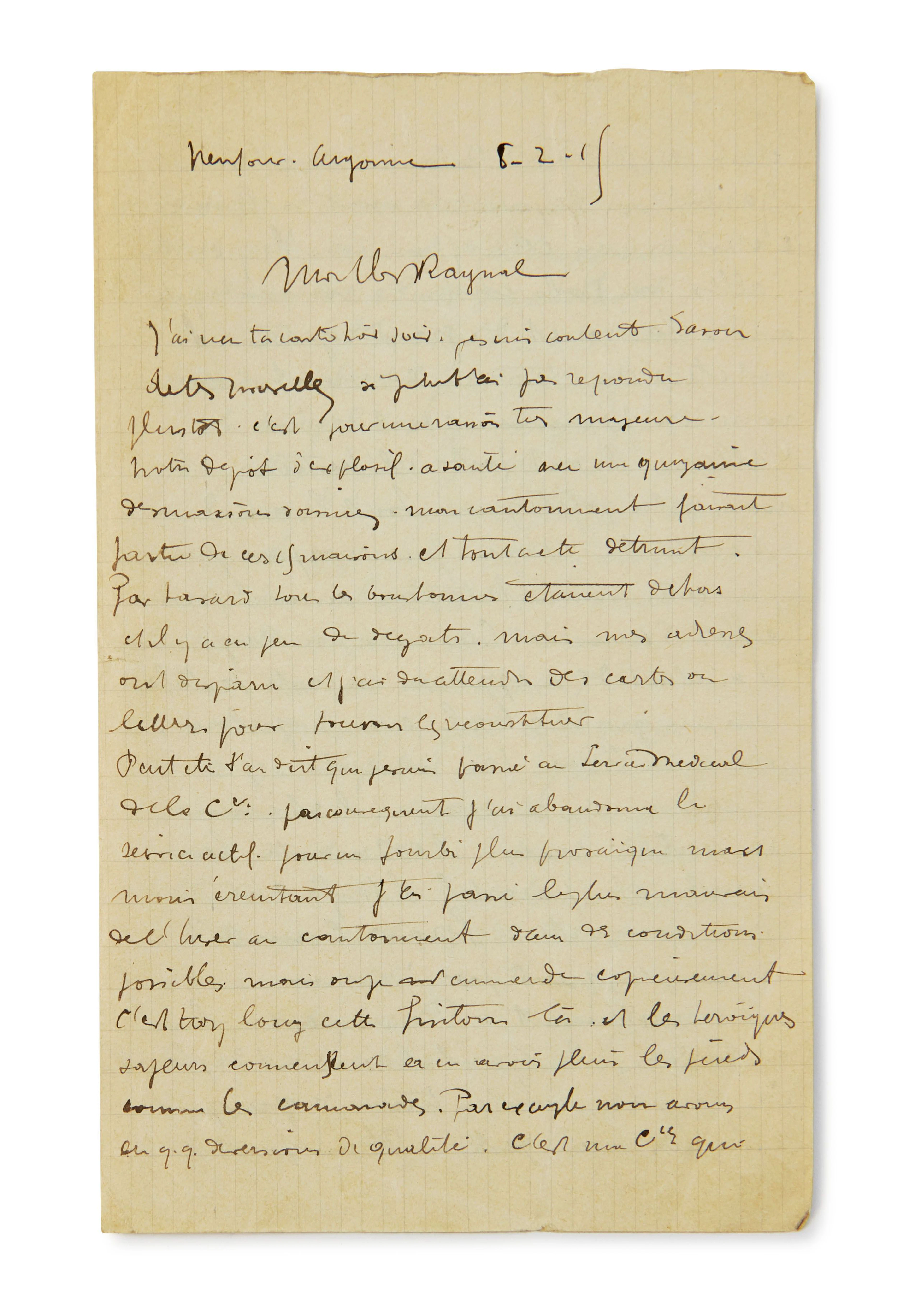 LÉGER (Fernand) LAS à Maurice Raynal. Neufour-Argonne, 8 février 1915.