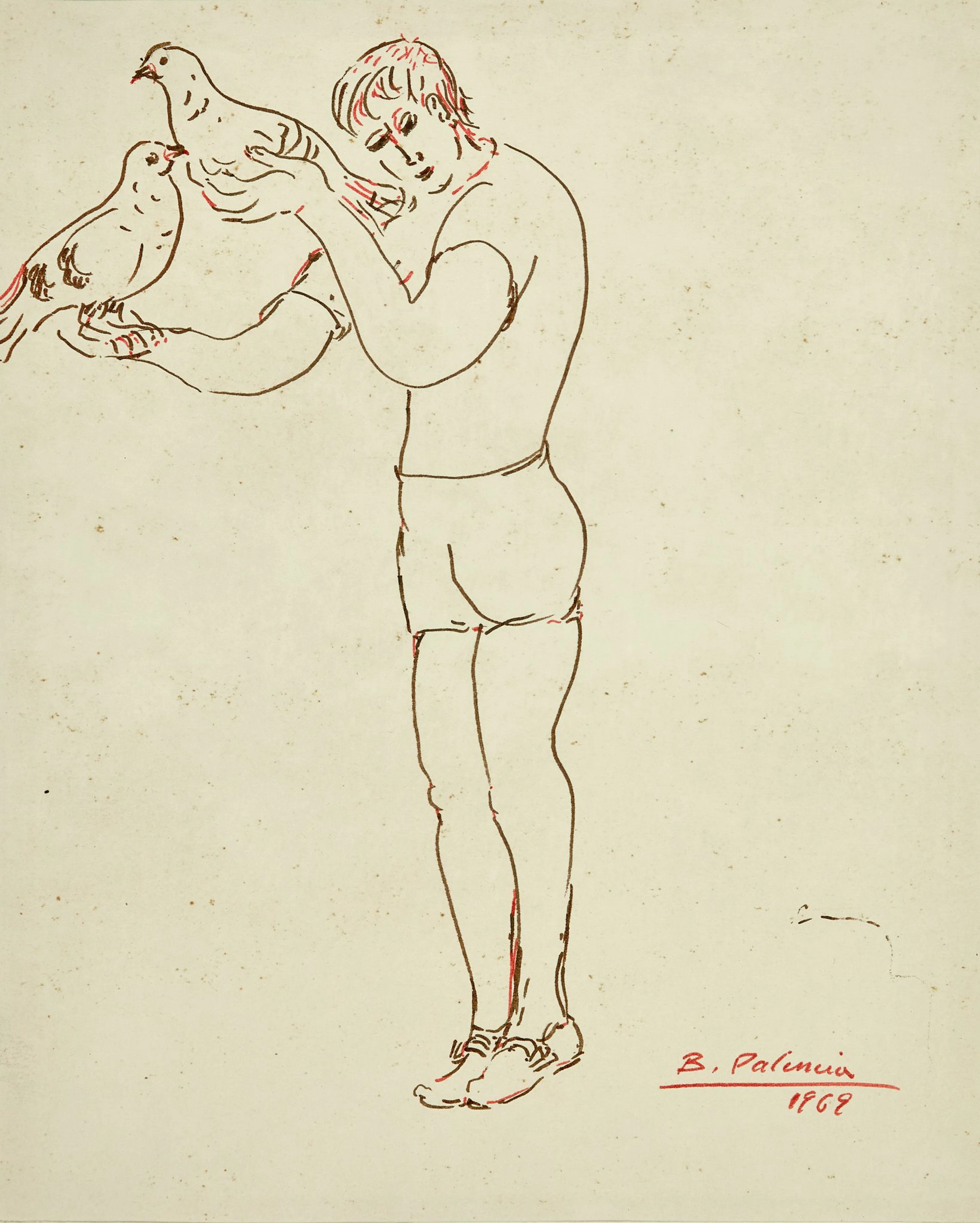 Benjamin PALENCIA 1894 - 1980 Enfant avec des pigeons - 1969 Feutre sur papier