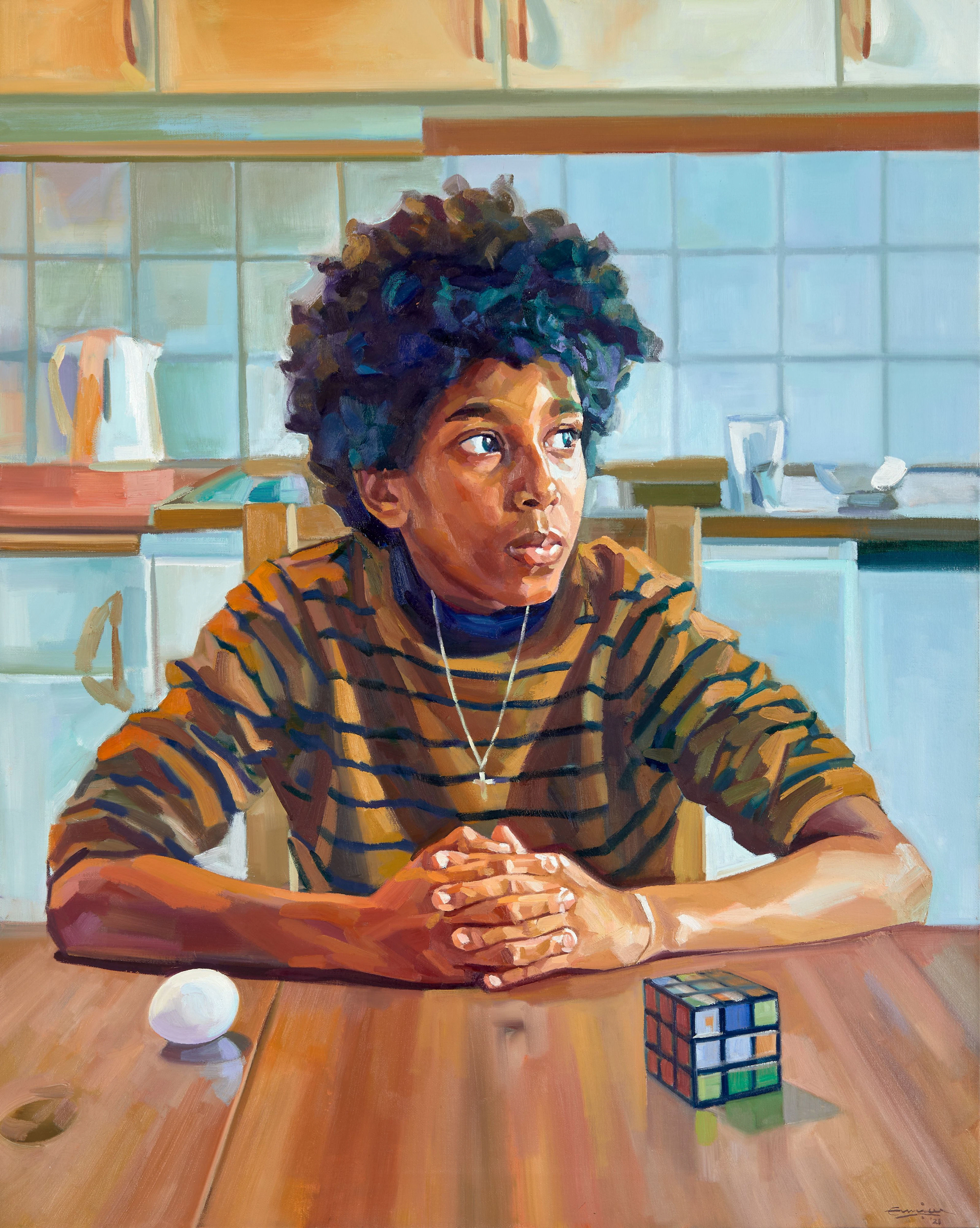 Ermias EKUBE Né en 1970 - Ethiopie Boy with Rubik's cube and egg