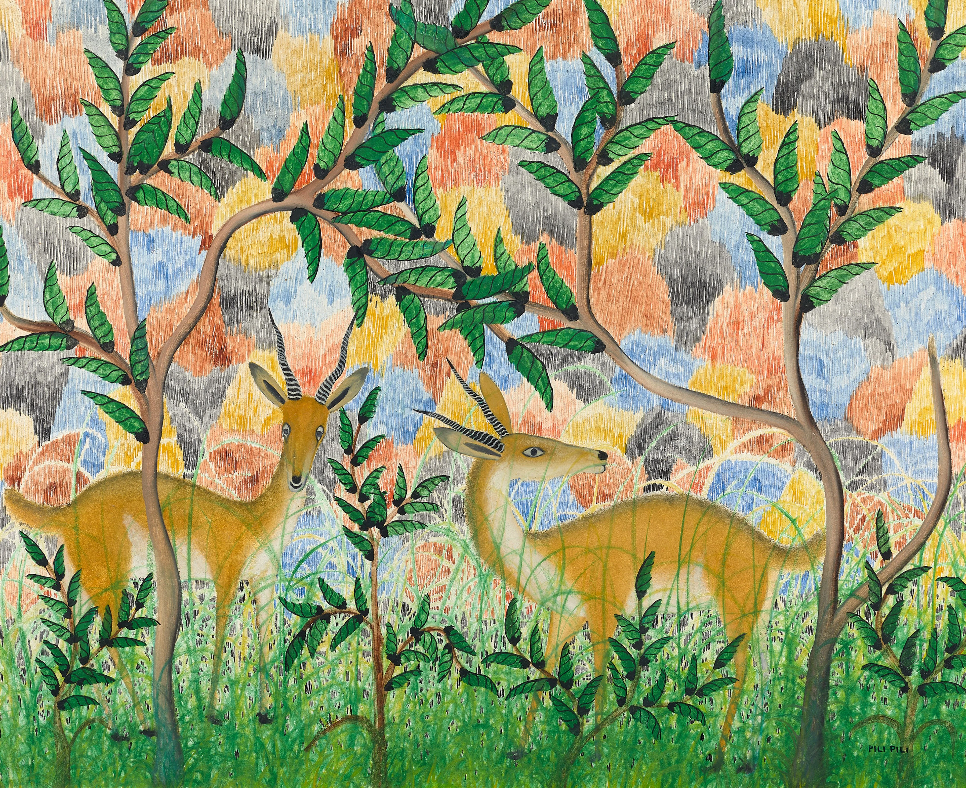 Pilipili MULONGOY 1914-2007 - Congo Sans titre (Gazelles) Huile sur toile