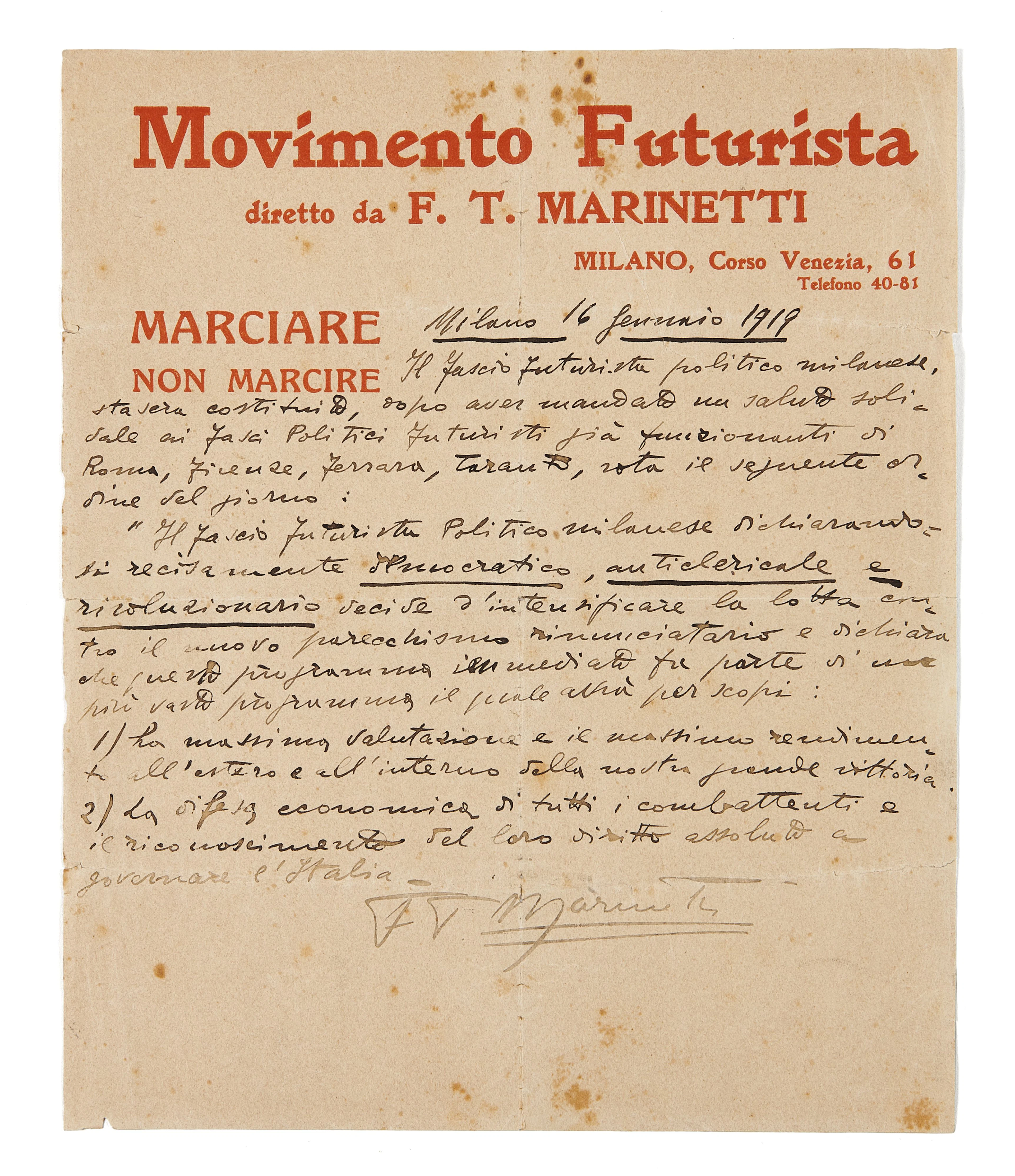 * MARINETTI (Filippo Tommaso) Déclaration autographe signée