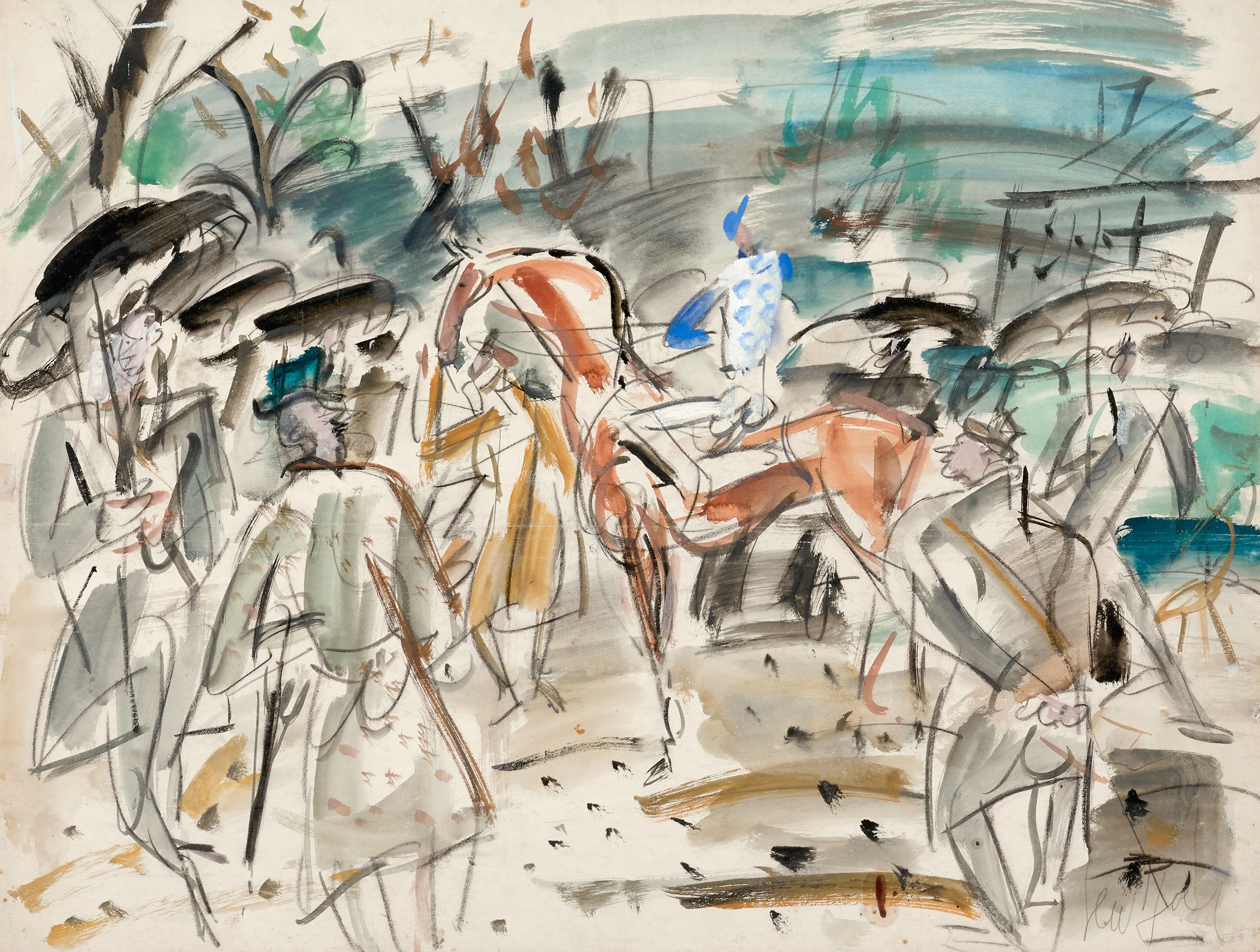 GEN PAUL 1895 - 1975 Le Paddock Aquarelle, gouache, encre et fusain sur papier