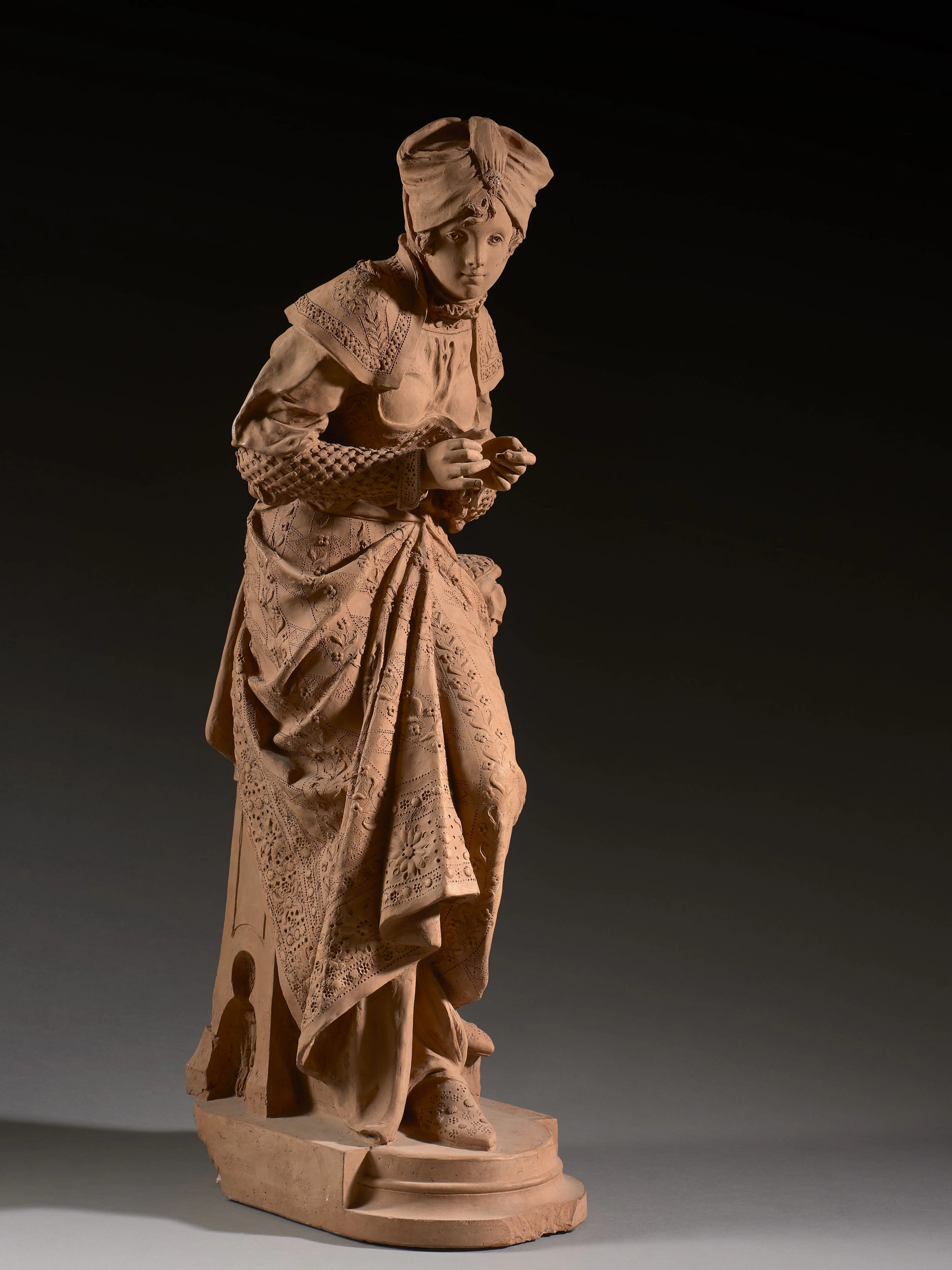 Louis-Robert CARRIER-BELLEUSE Paris, 1848 - 1913 La jeune fileuse Terre cuite