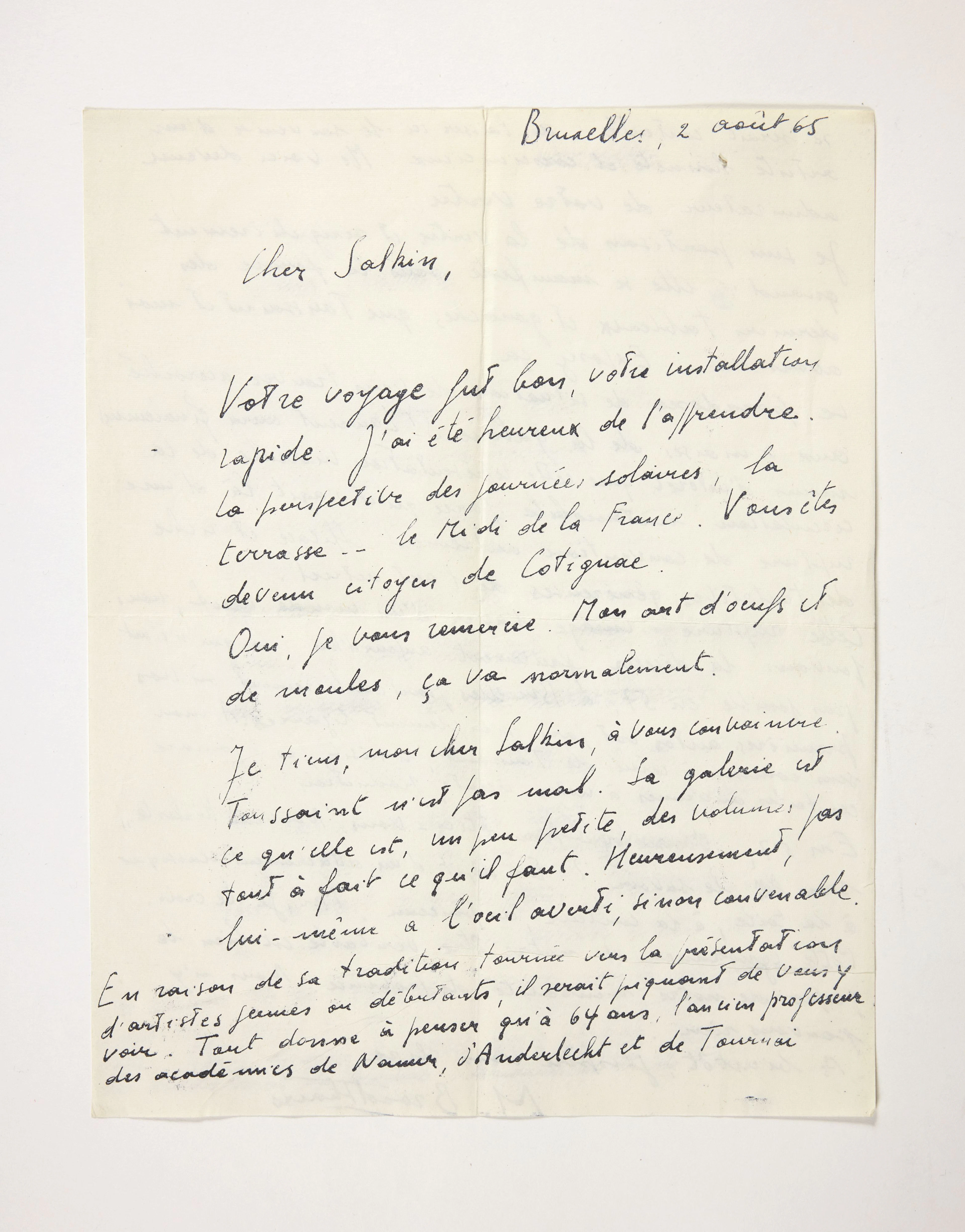 Marcel BROODTHAERS. Lettre adressée à Emile Salkin. Bruxelles, 2 août 65.