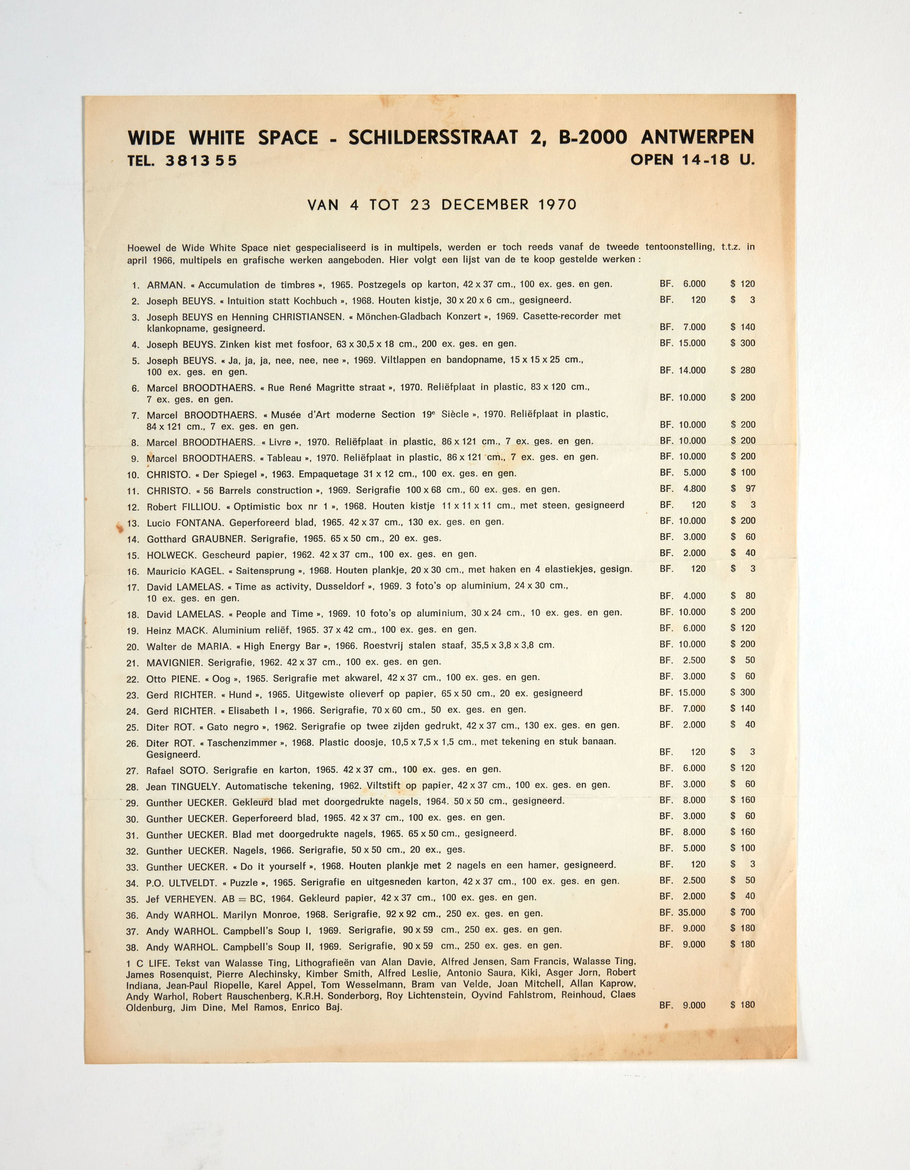 [WIDE WHITE SPACE GALLERY]. Liste des multiples à vendre. Anvers, 1970.