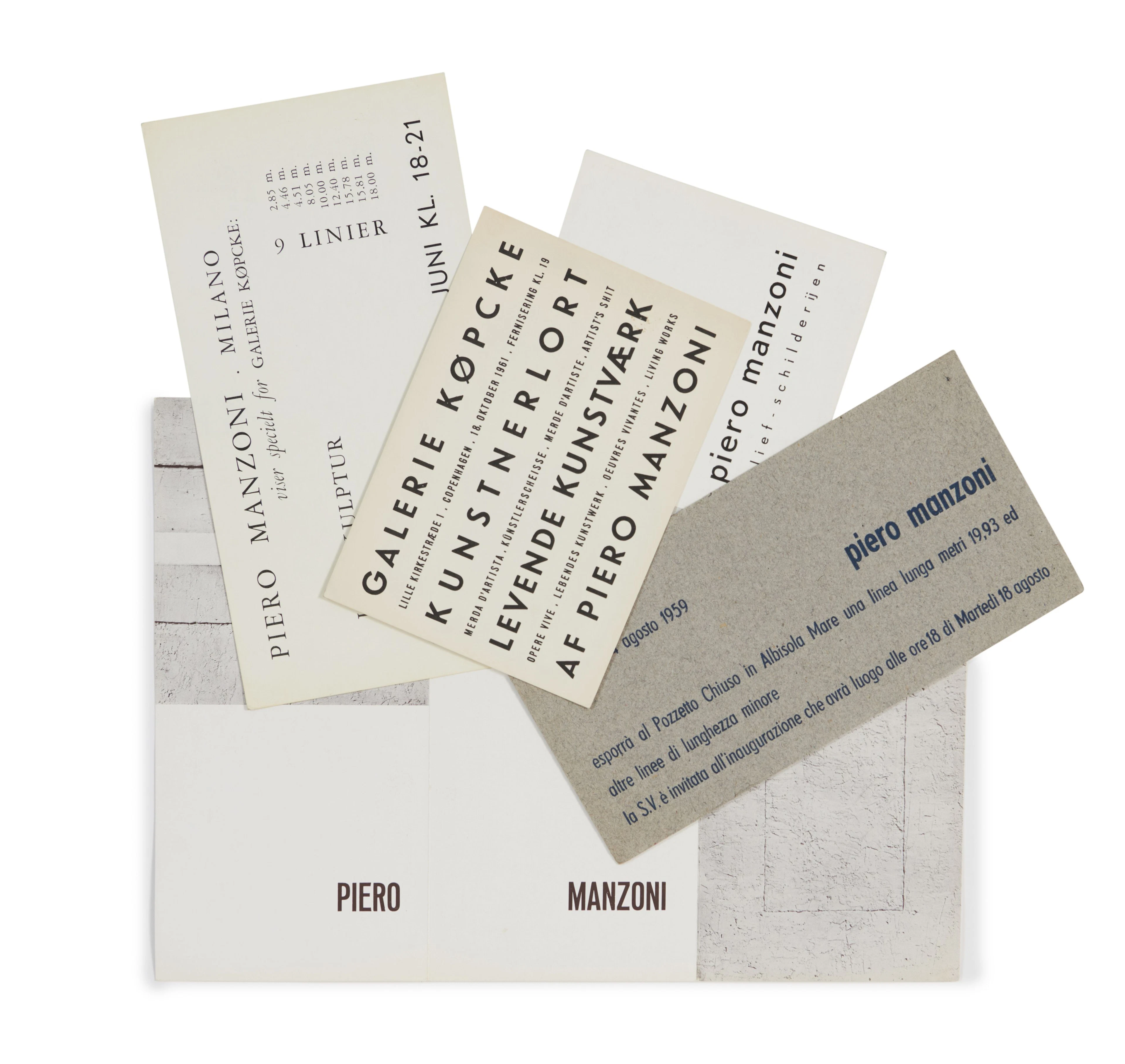 [MANZONI]. Cartons d’invitation à ses expositions personnelles. 1958-1961.