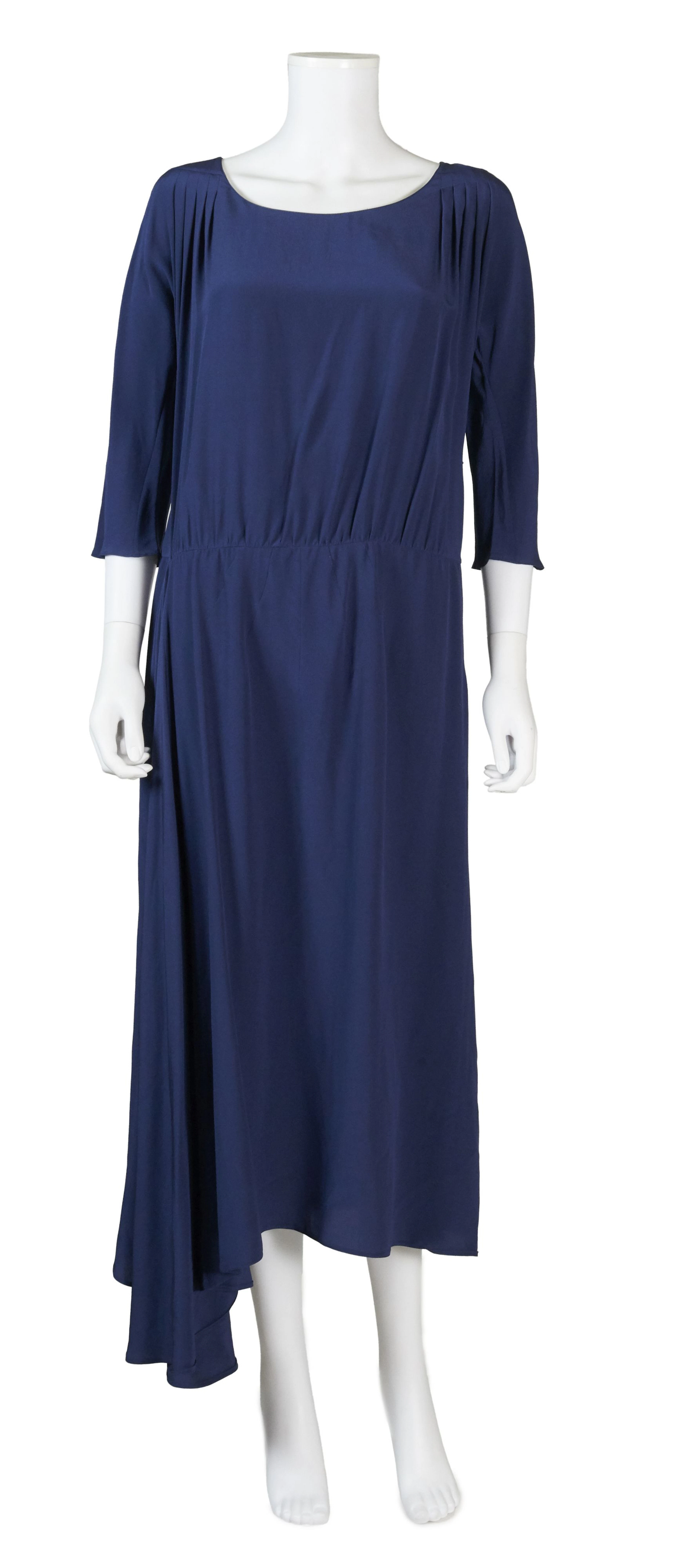 PRADA Robe asymétrique en mousseline de soie bleu foncé à manches trois-quarts