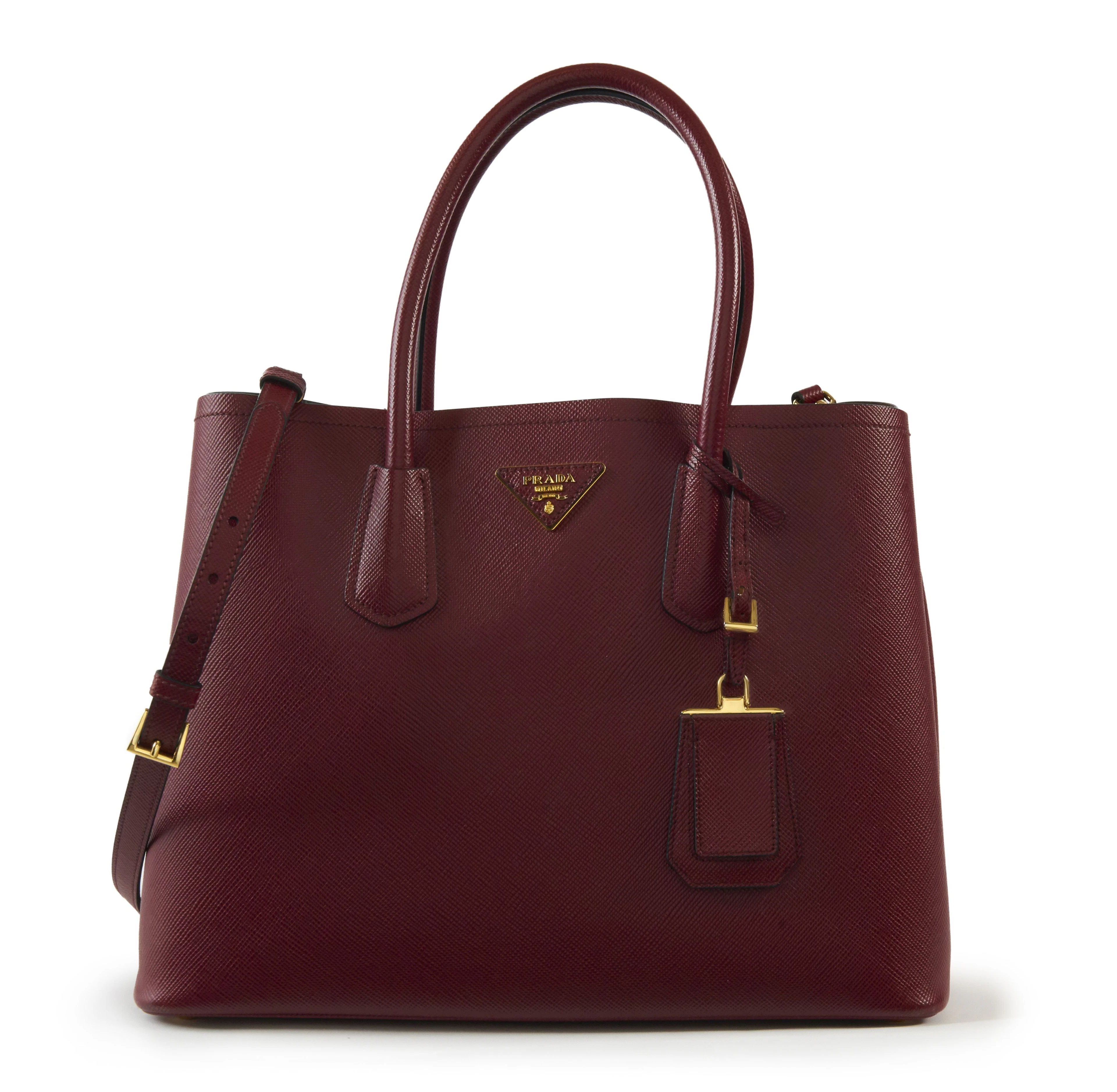 PRADA Sac "Double" Cuir Saffiano bordeaux Garniture métal...