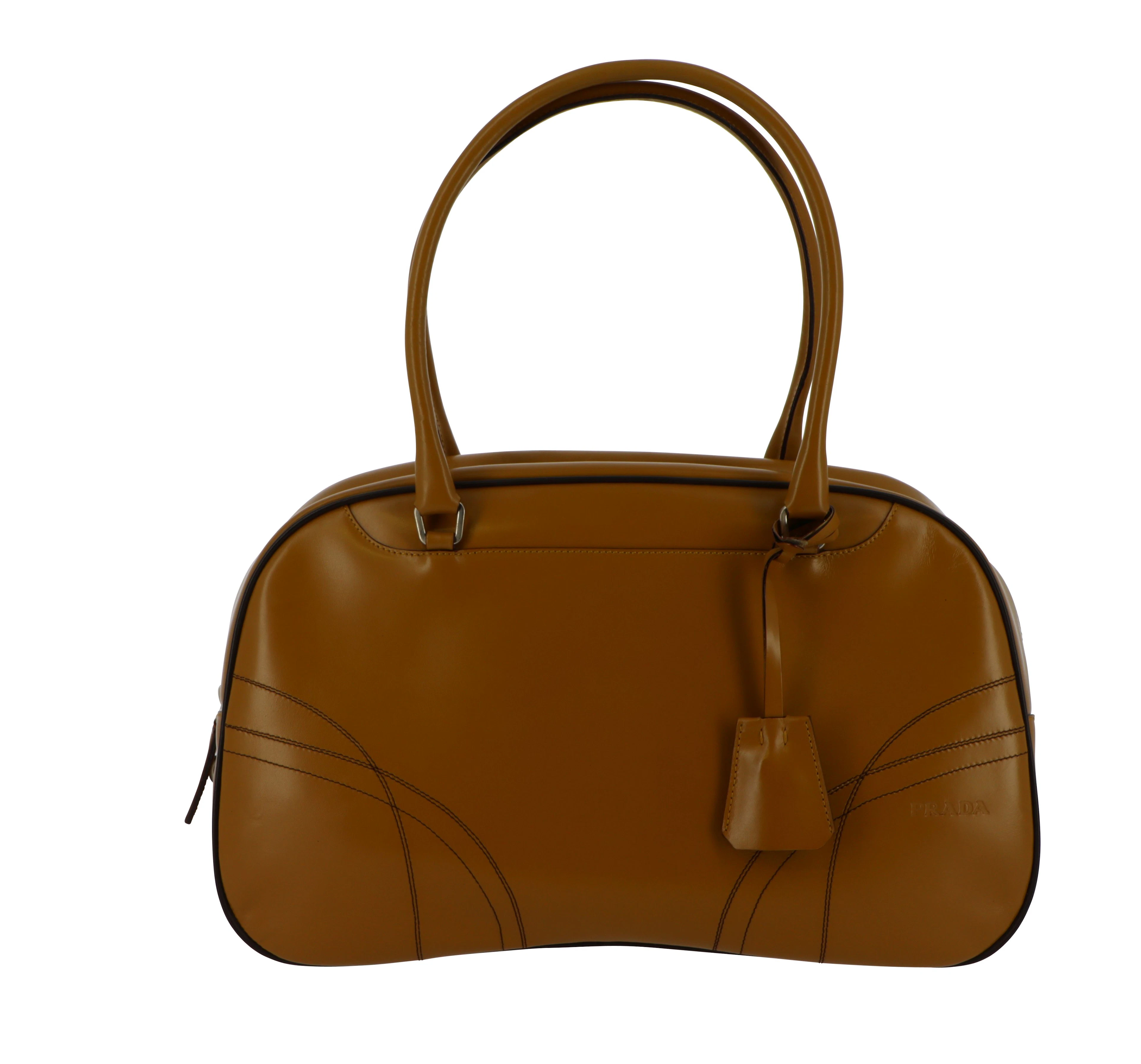 PRADA Sac Cuir de veau Camel et surpiqûres marrons...