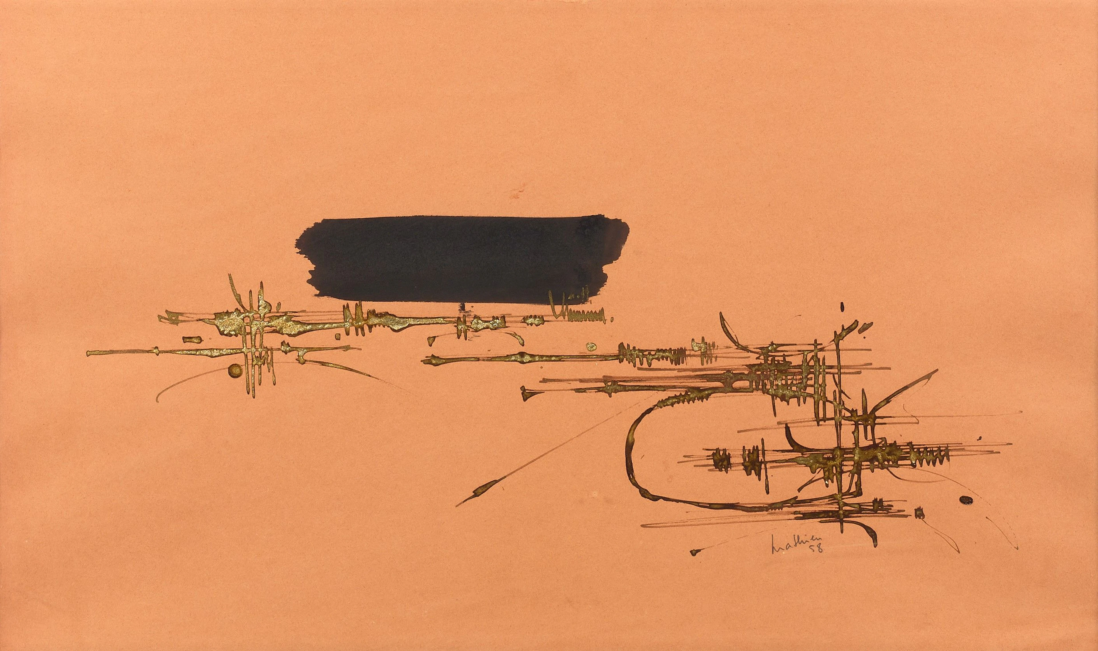 Georges MATHIEU (1921 - 2012) Sans titre - 1958 Technique mixte sur cartoline