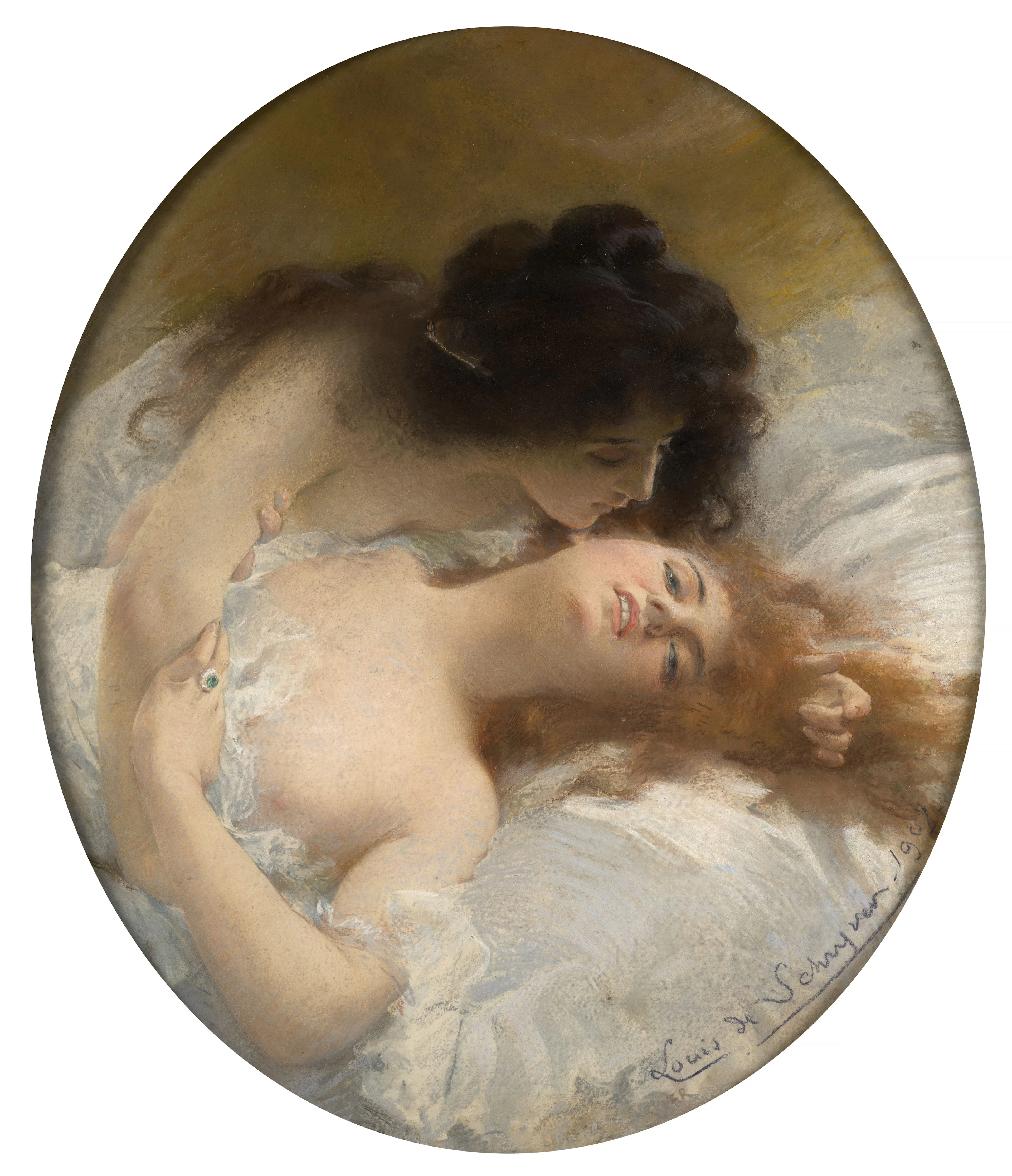 Louis-Marie De SCHRYVER Paris, 1862 - 1942 "Lesbiennes" Pastel de forme ovale