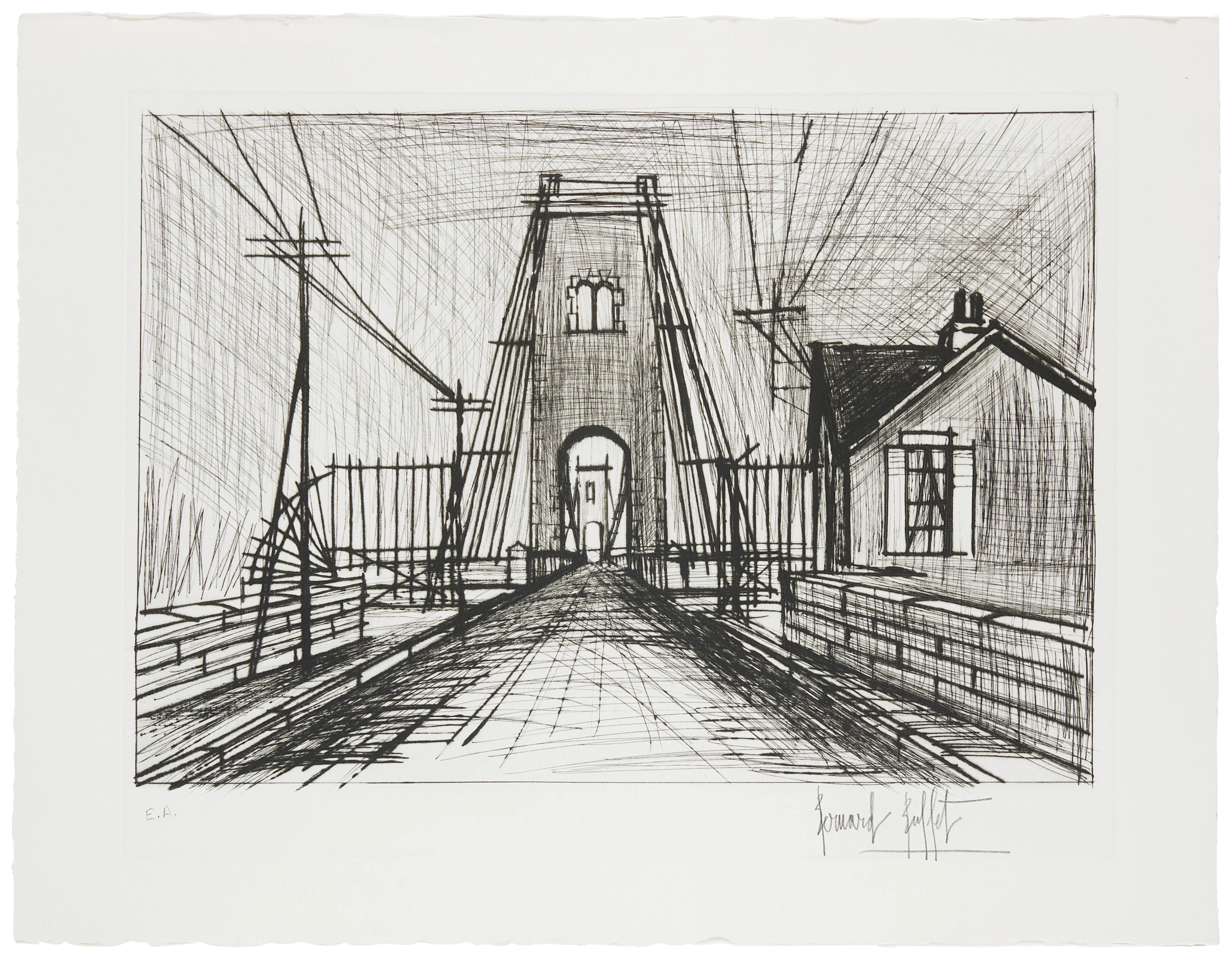 Bernard BUFFET (1928 - 1999) Pont sur le Blavet - 1979 Pointe-sèche en noir