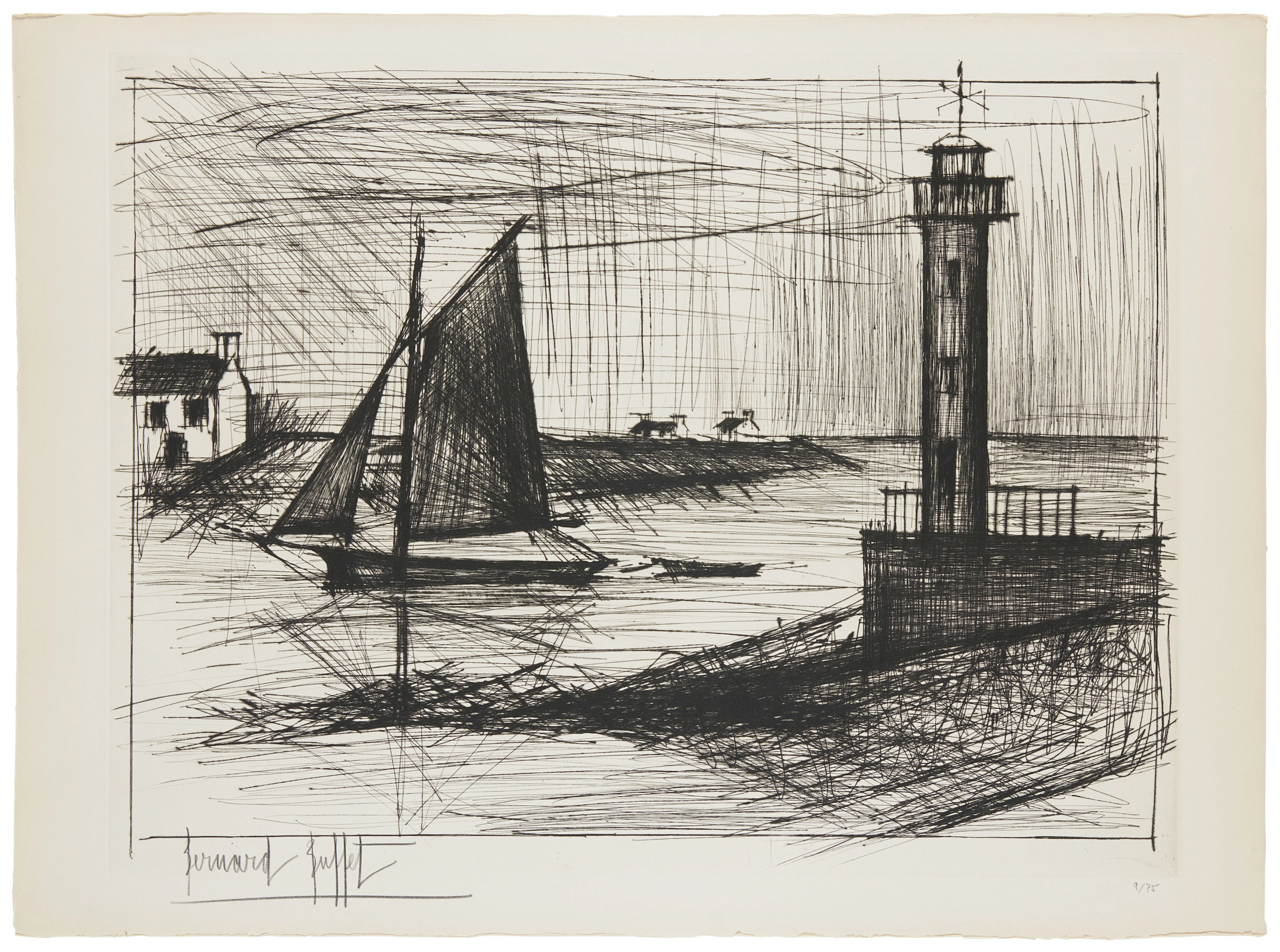 Bernard BUFFET (1928 - 1999) L'embouchure de l'Odet - 1962 Pointe-sèche en noir