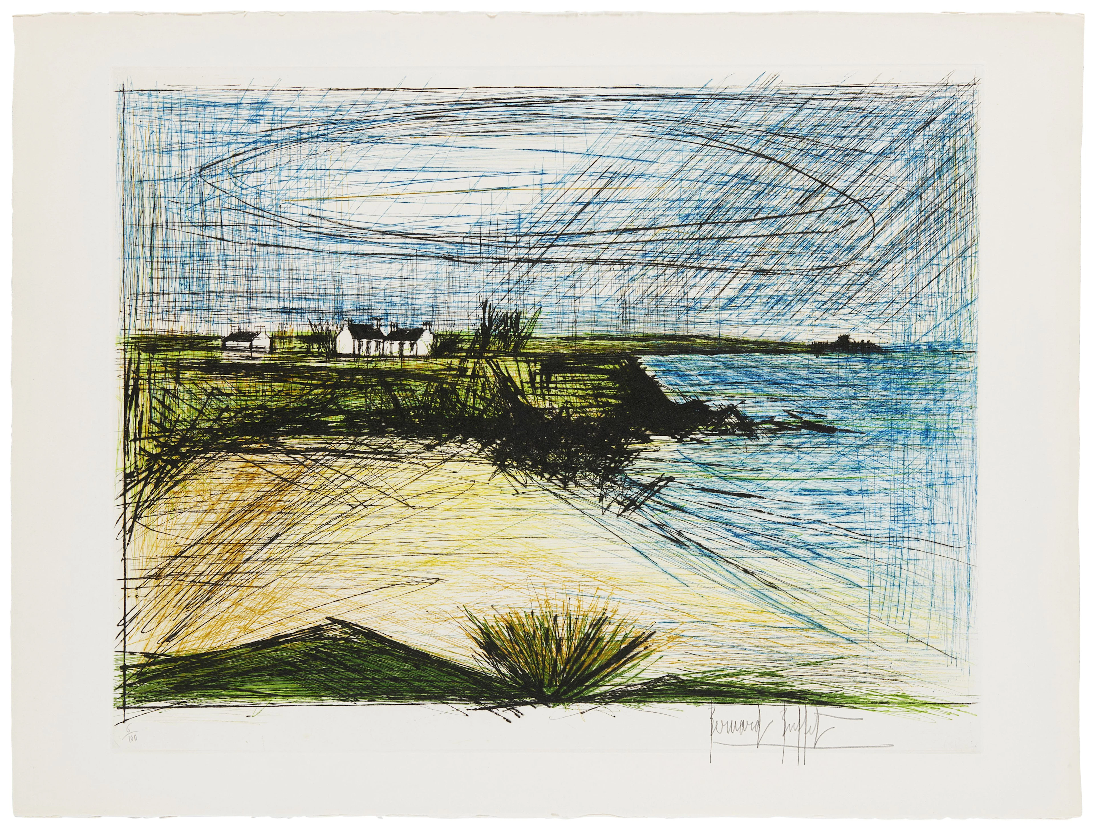 Bernard BUFFET (1928 - 1999) Plage de la Mare - 1966 Pointe-sèche en couleurs